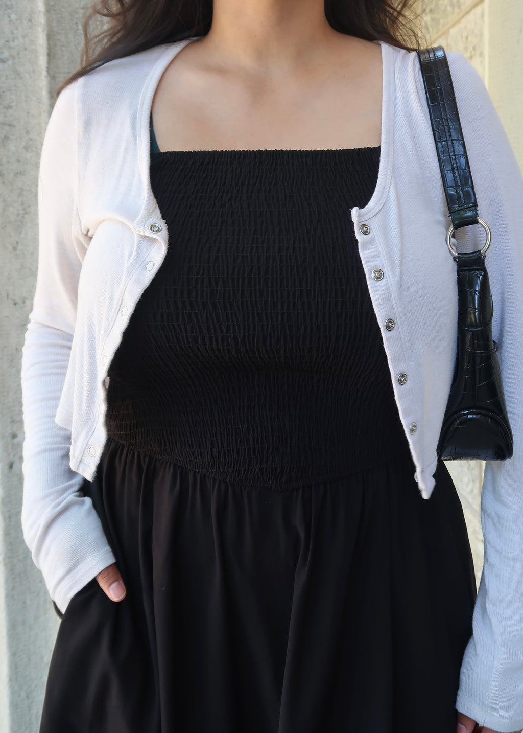 black maxi dress, spaghetti strap dress, smocked, pocket