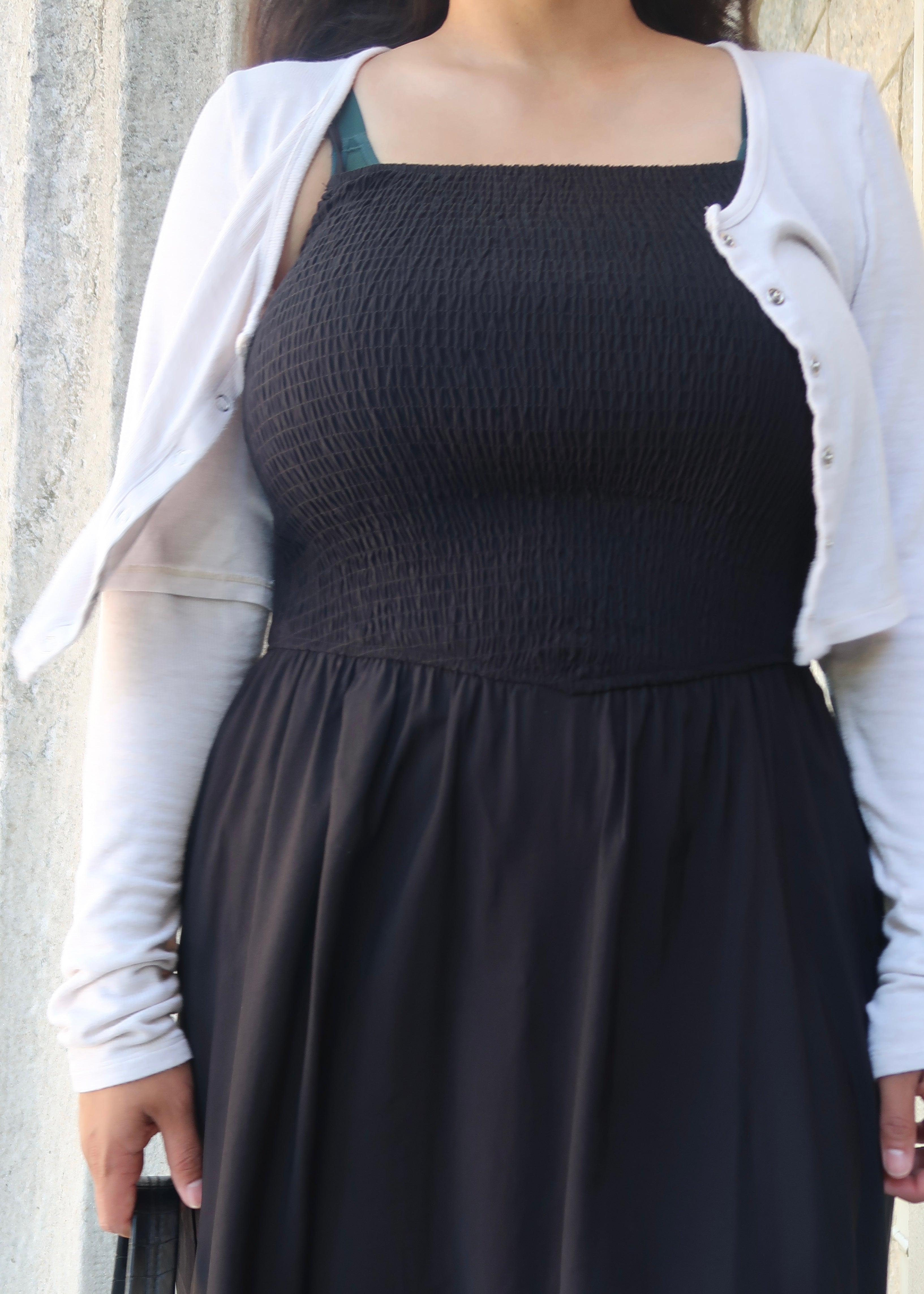 black maxi dress, spaghetti strap dress, smocked, pocket