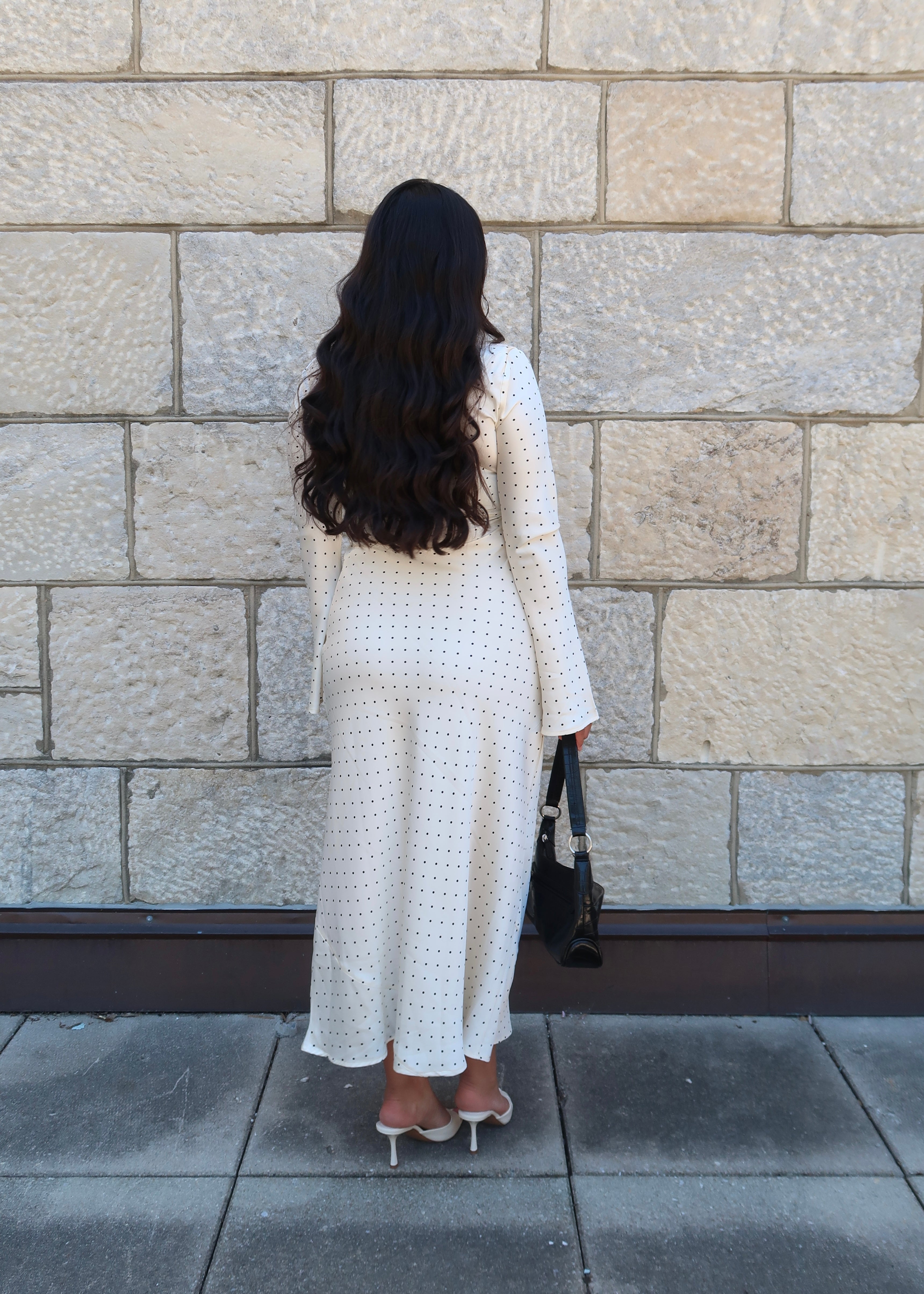 cream, white, satin, polka dot maxi dress, flare long sleeve