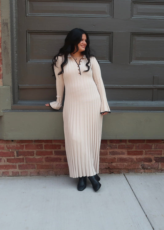 taupe maxi dress, collared, button down, flare sleeve, long sleeve, black