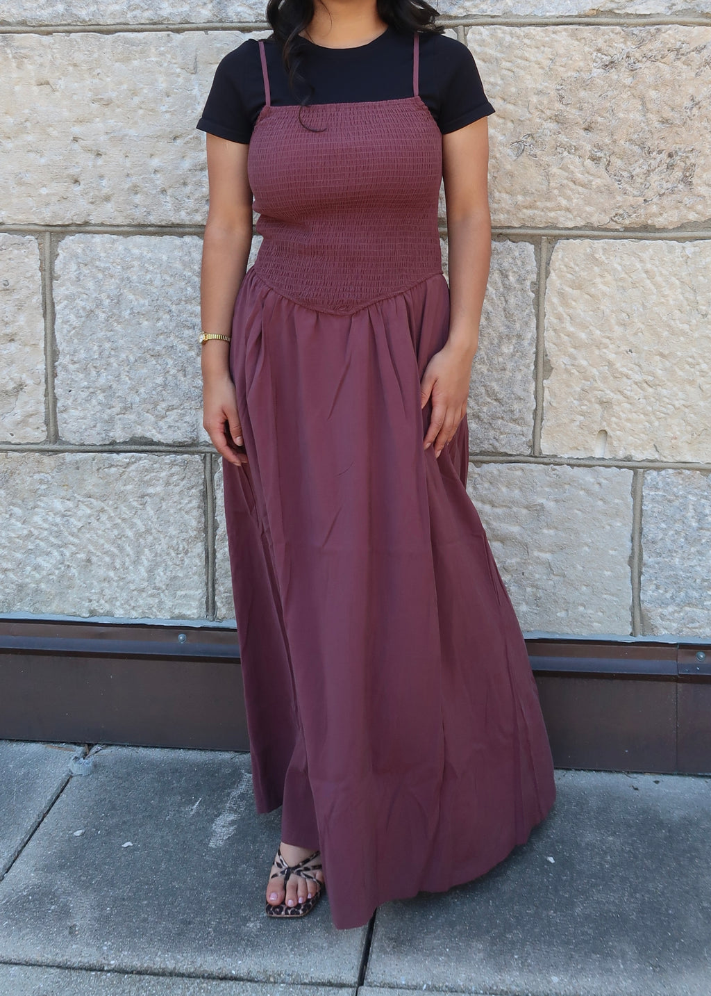 Brown maxi dress, spaghetti strapped, smocked waist, pockets