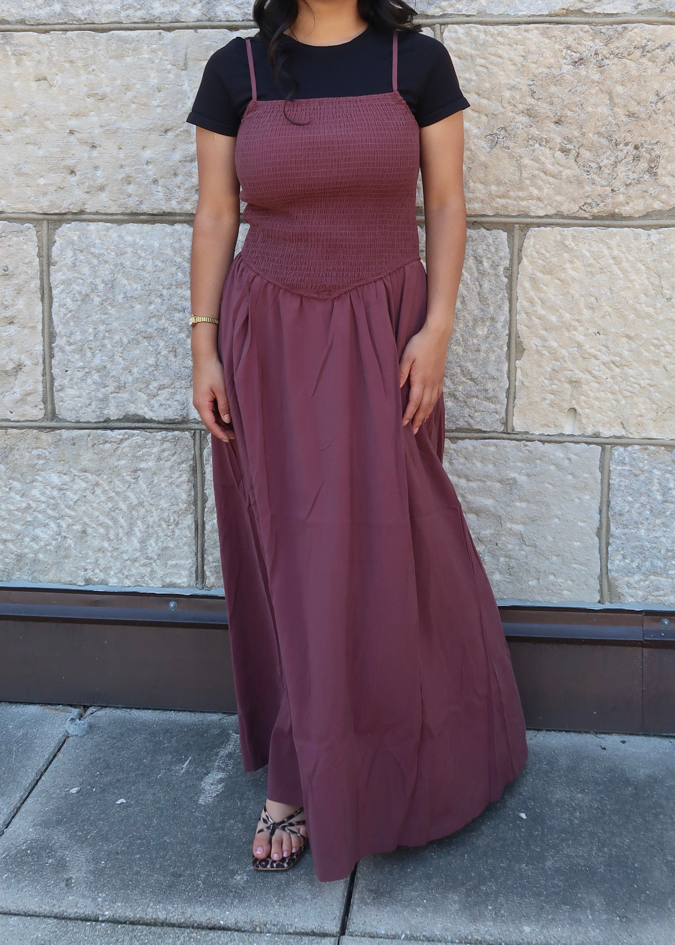 Brown maxi dress, spaghetti strapped, smocked waist, pockets