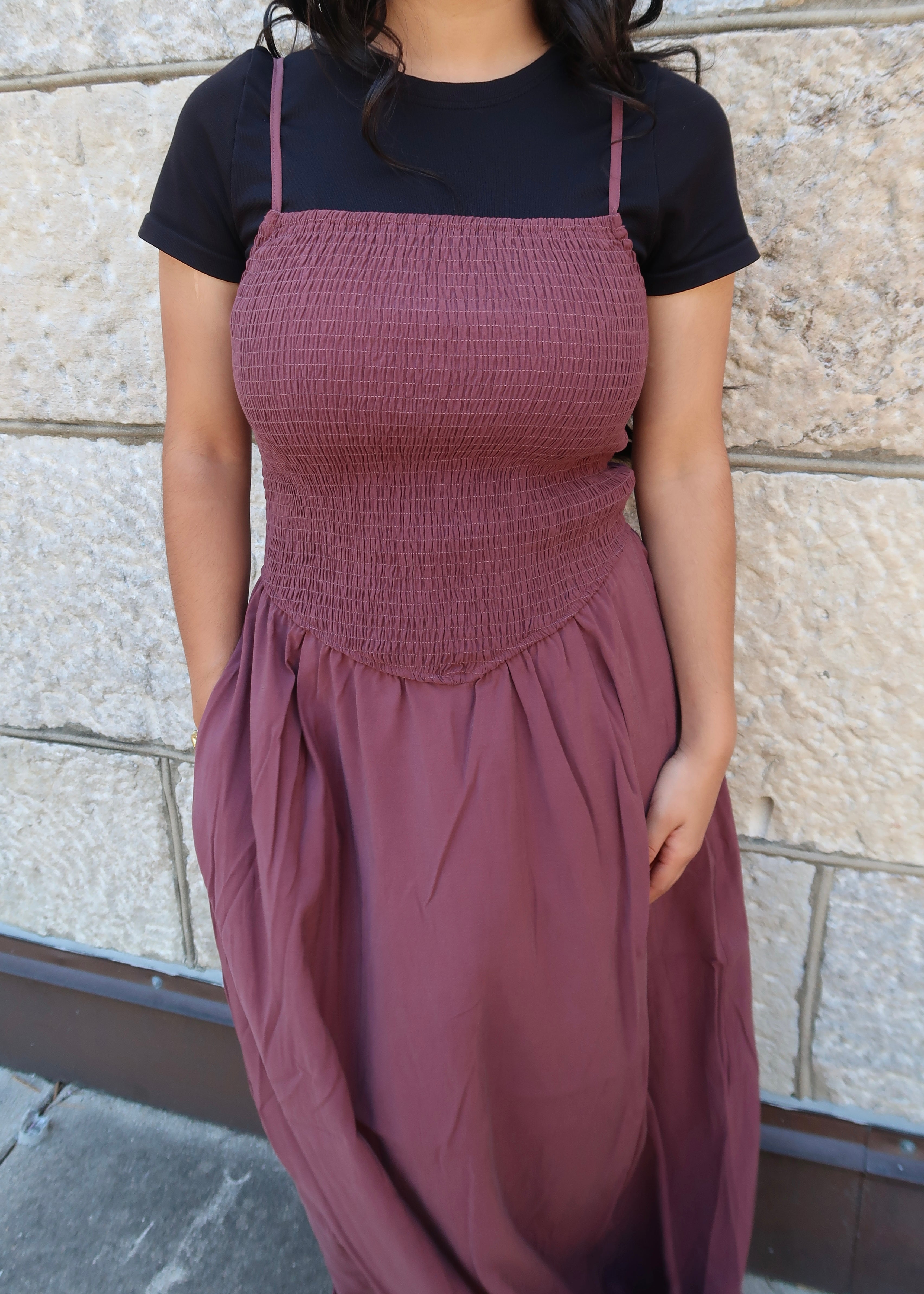 Brown maxi dress, spaghetti strapped, smocked waist, pockets