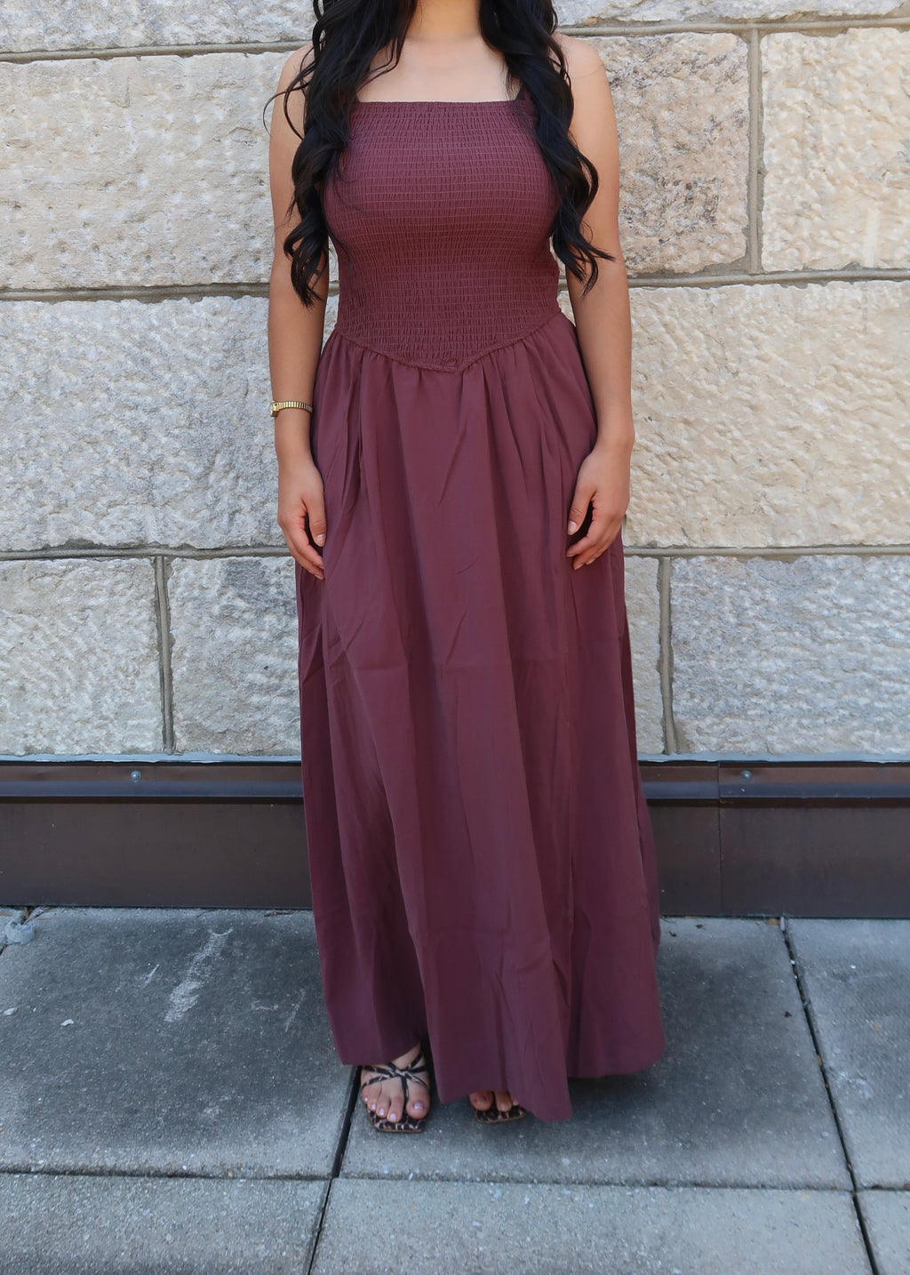 Brown maxi dress, spaghetti strapped, smocked waist, pockets