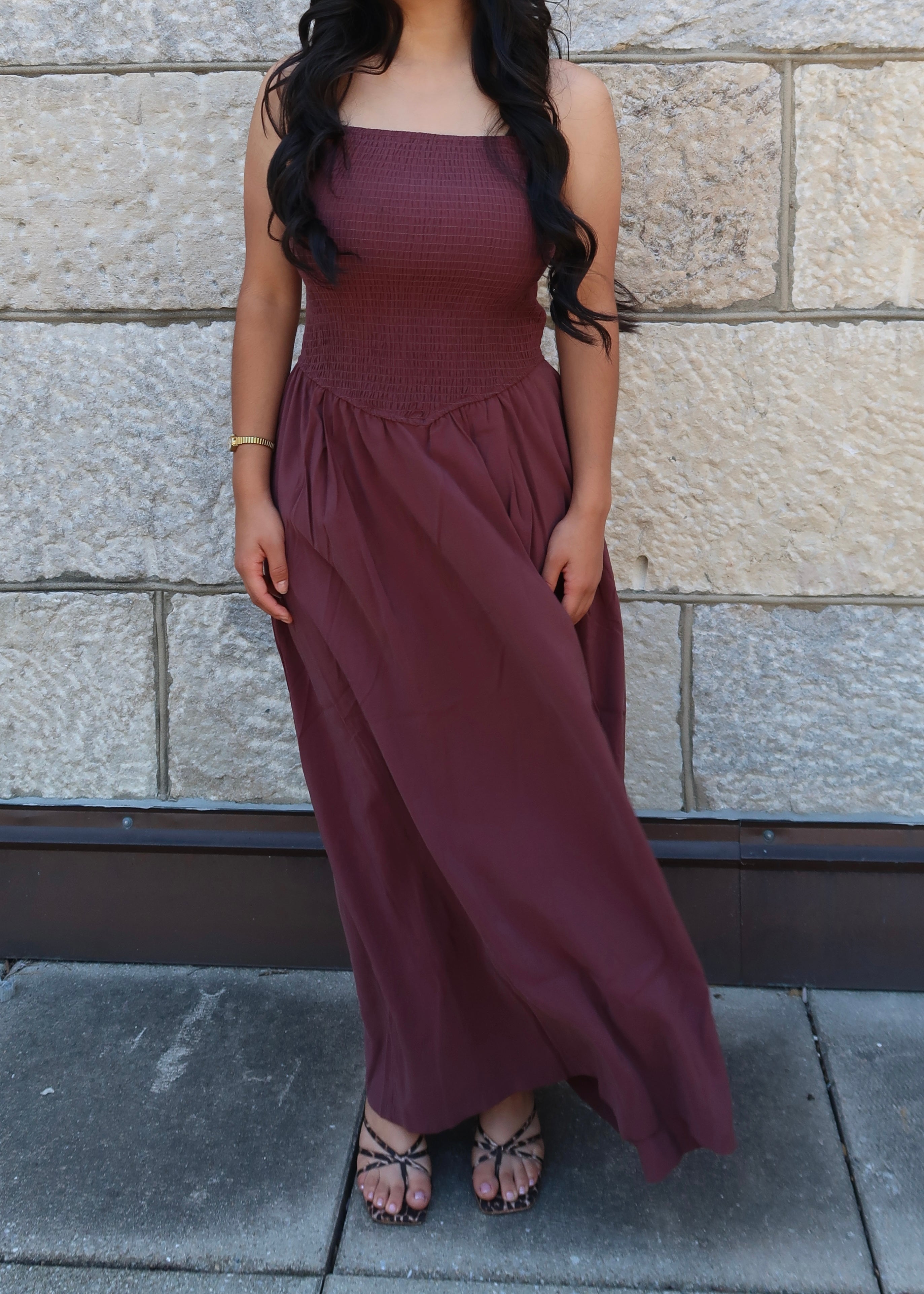 Brown maxi dress, spaghetti strapped, smocked waist, pockets