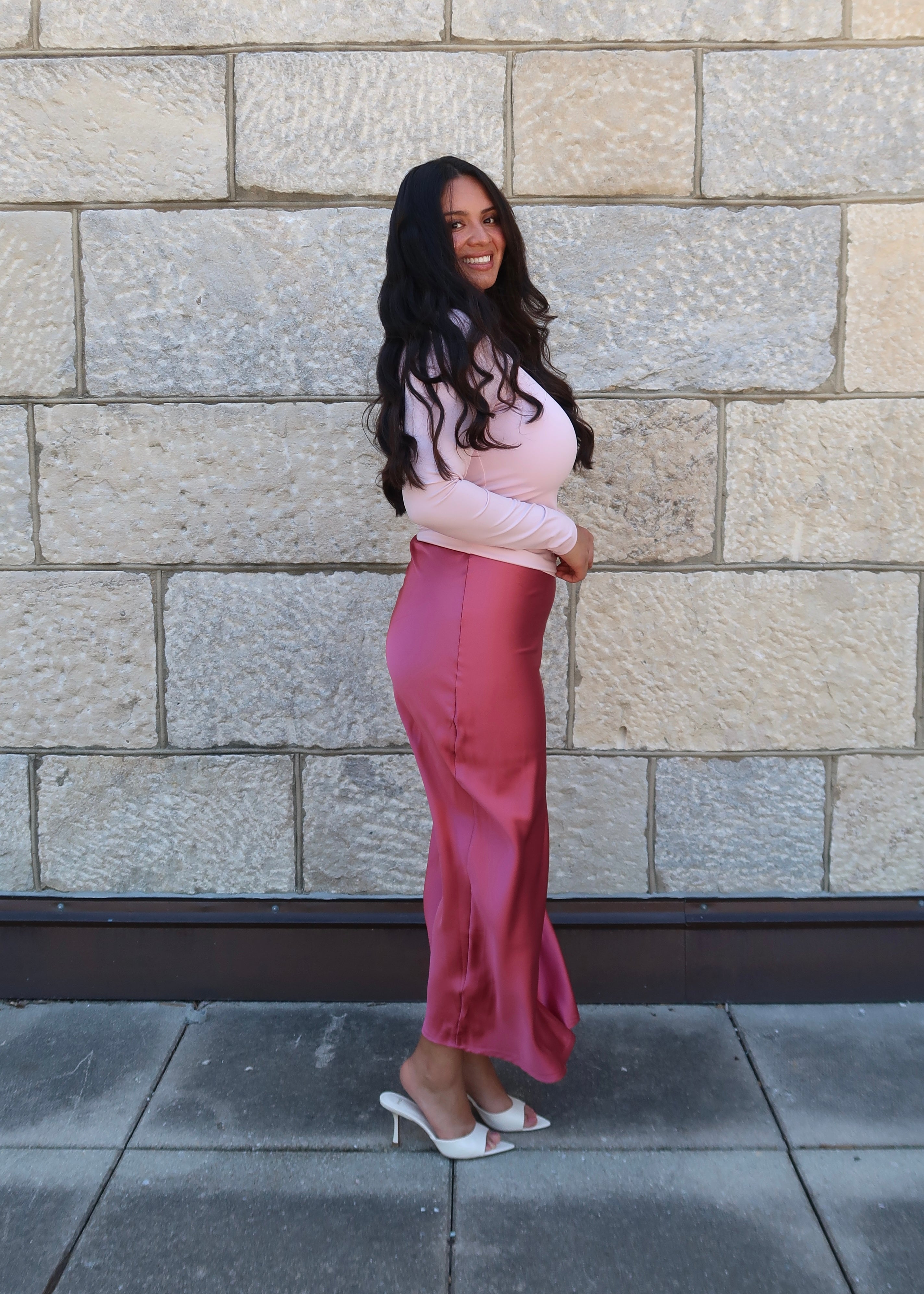 dark pink maxi satin skirt 