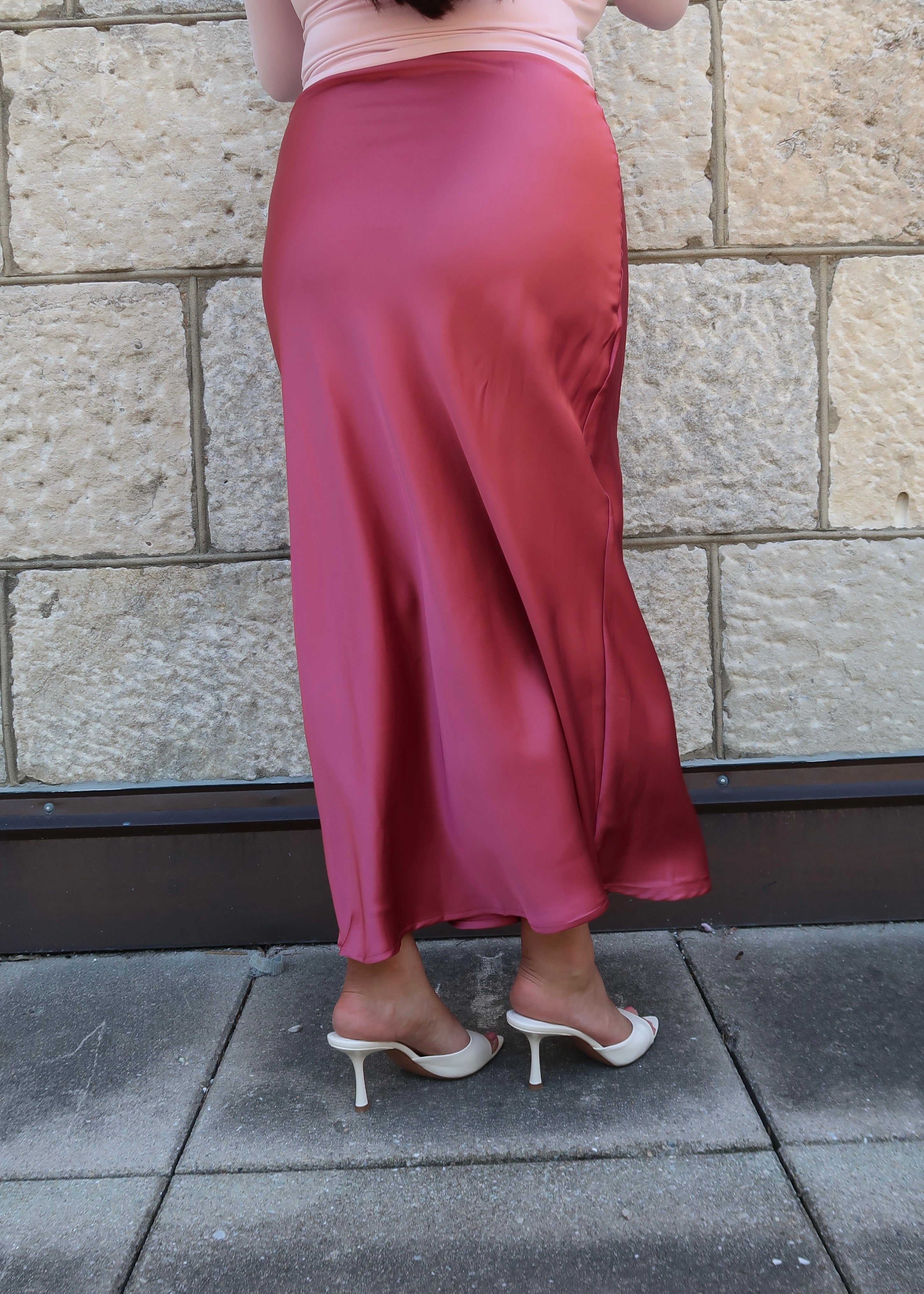 dark pink maxi satin skirt 