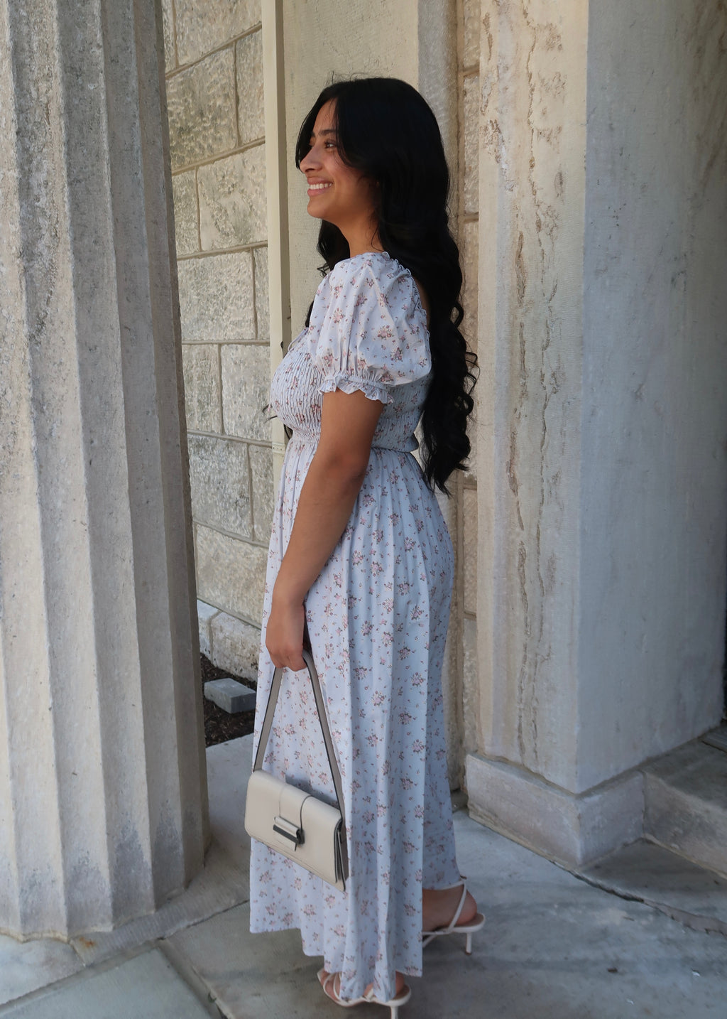 Light blue floral cotton dress, midi length, short sleeve, square neckline