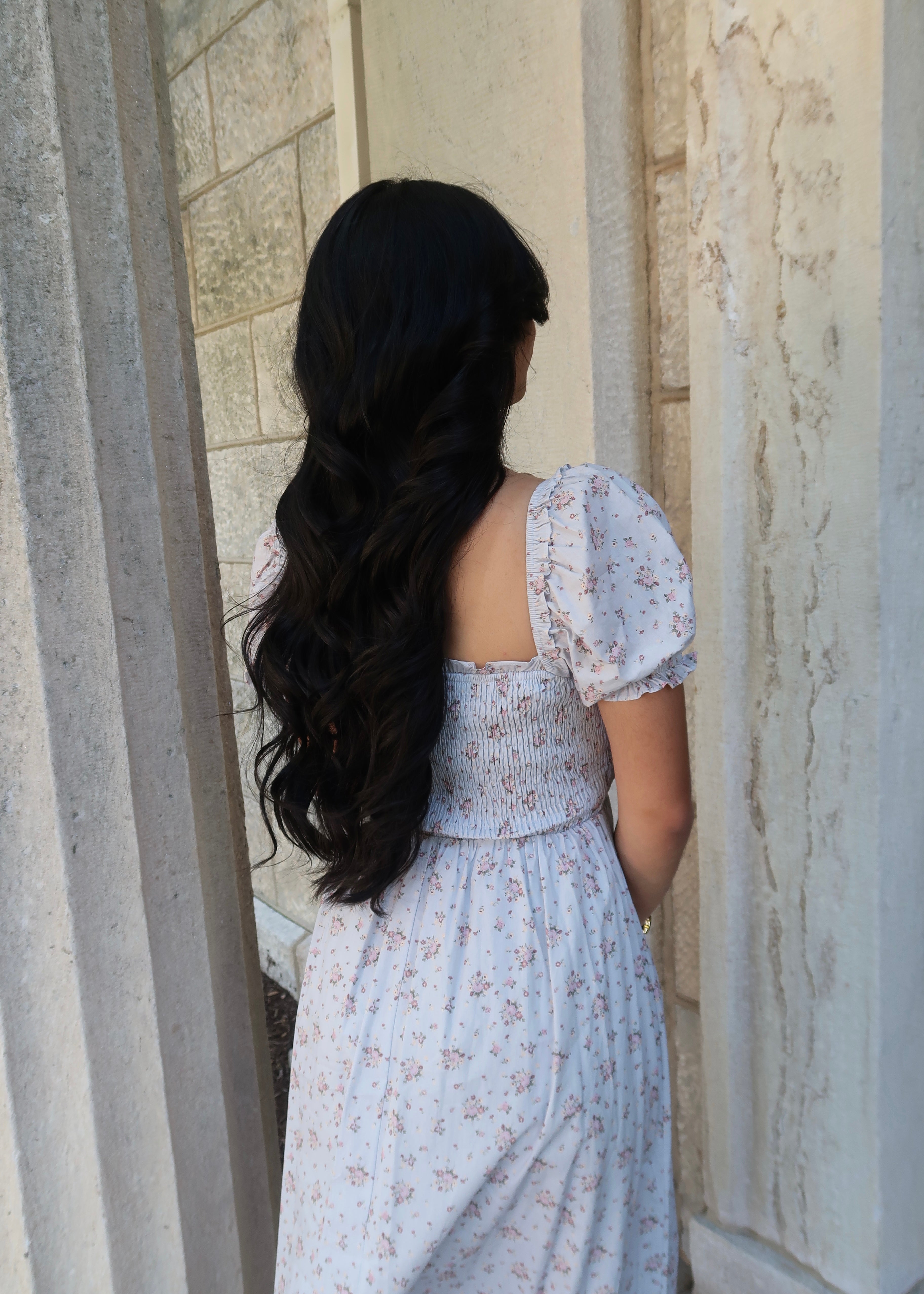 Light blue floral cotton dress, midi length, short sleeve, square neckline