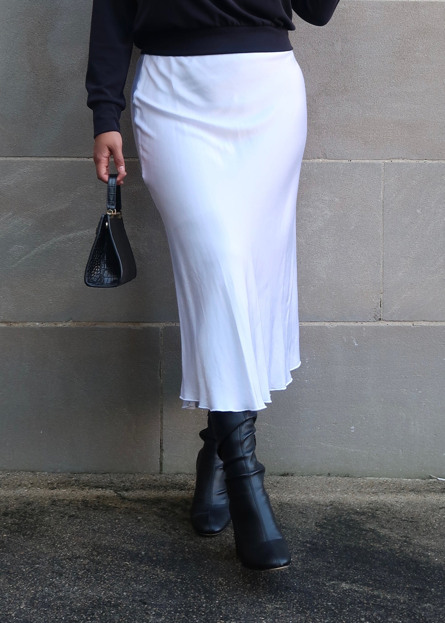 white midi maxi satin slip skirt