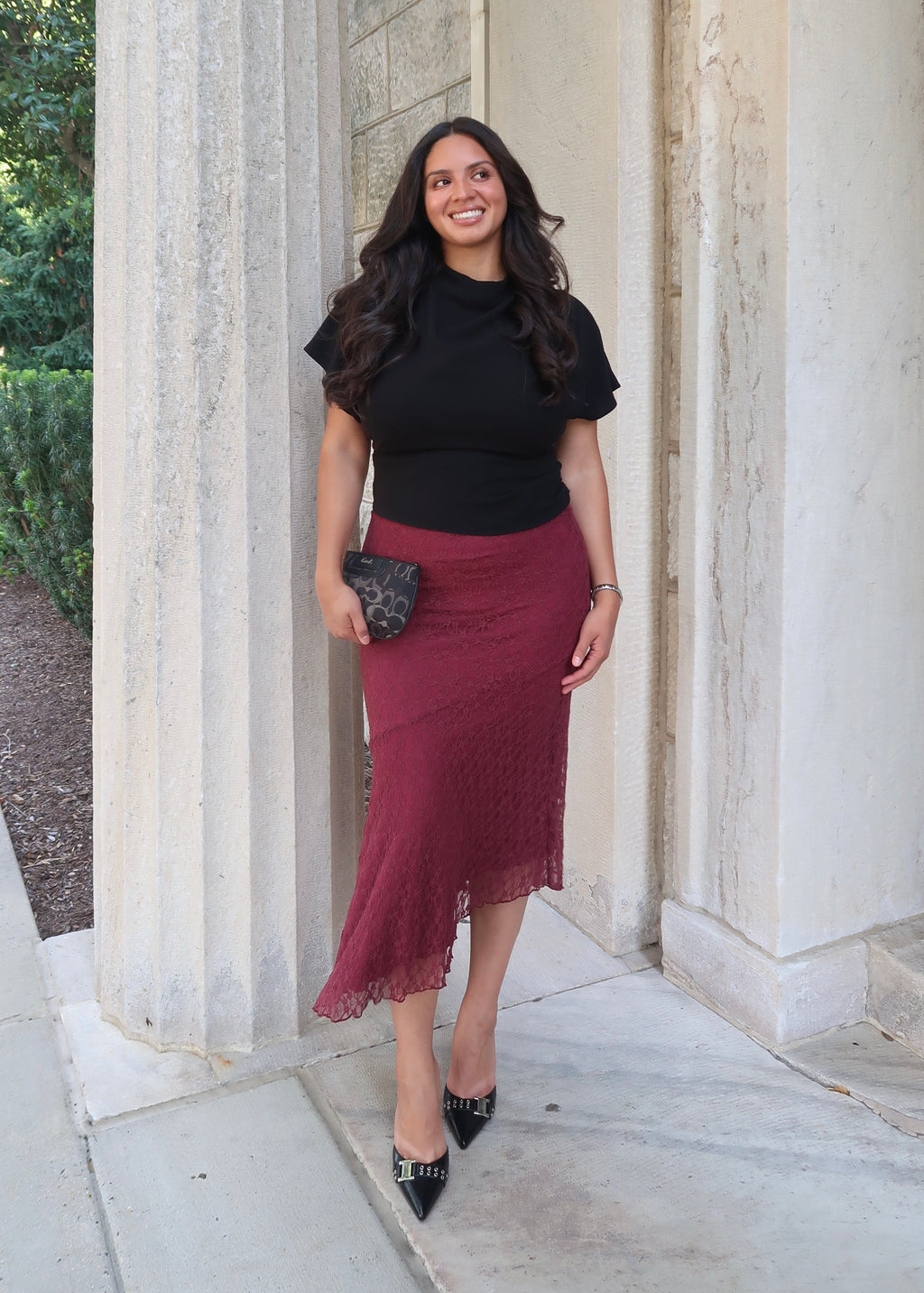 burgundy red lace asymmetrical midi skirt