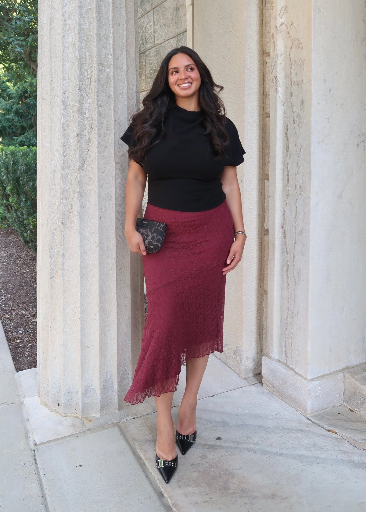 burgundy red lace asymmetrical midi skirt