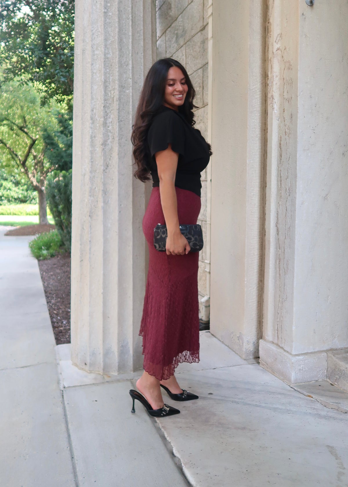 burgundy red lace asymmetrical midi skirt