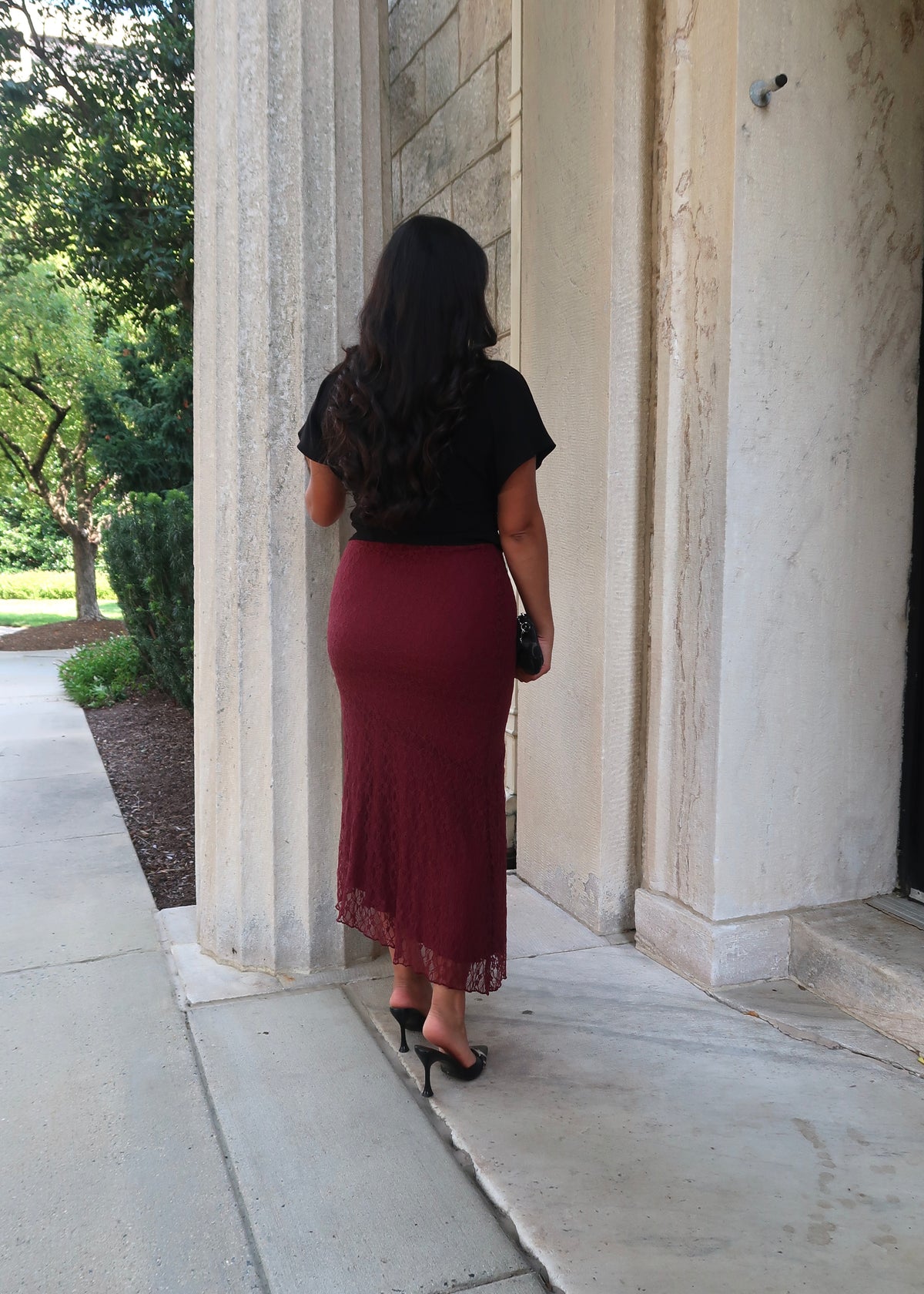 burgundy red lace asymmetrical midi skirt
