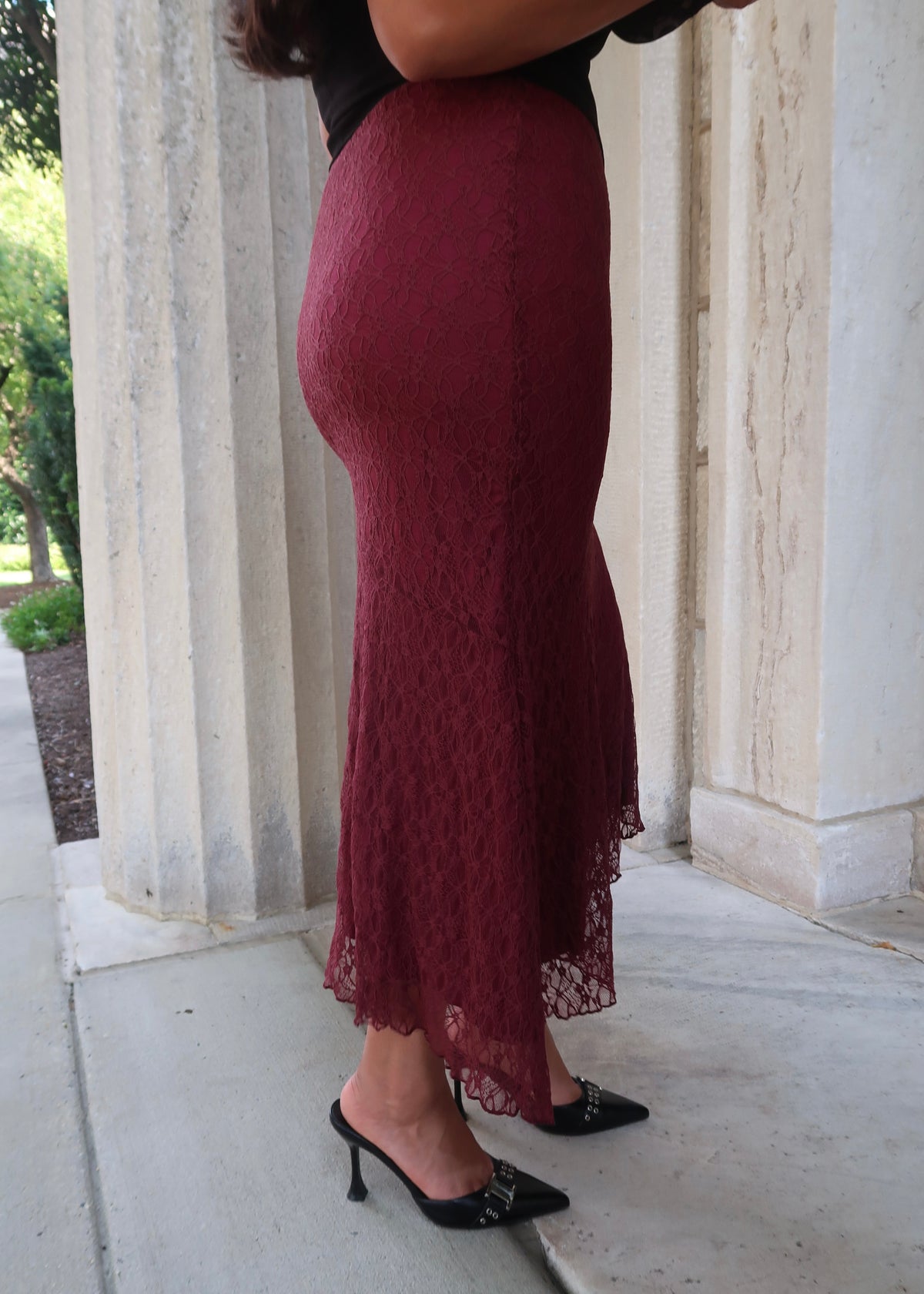burgundy red lace asymmetrical midi skirt