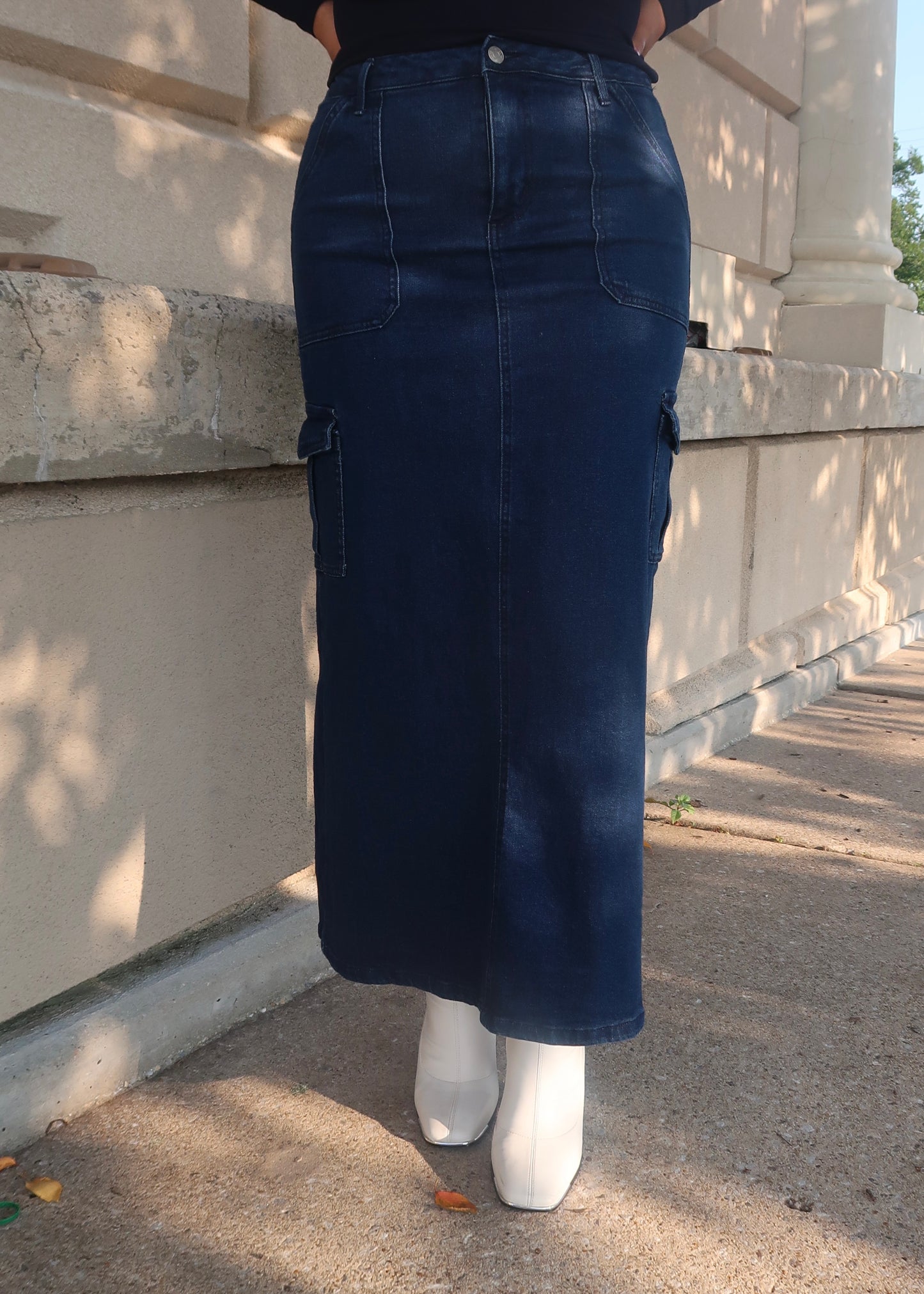 dark blue indigo denim maxi cargo skirt