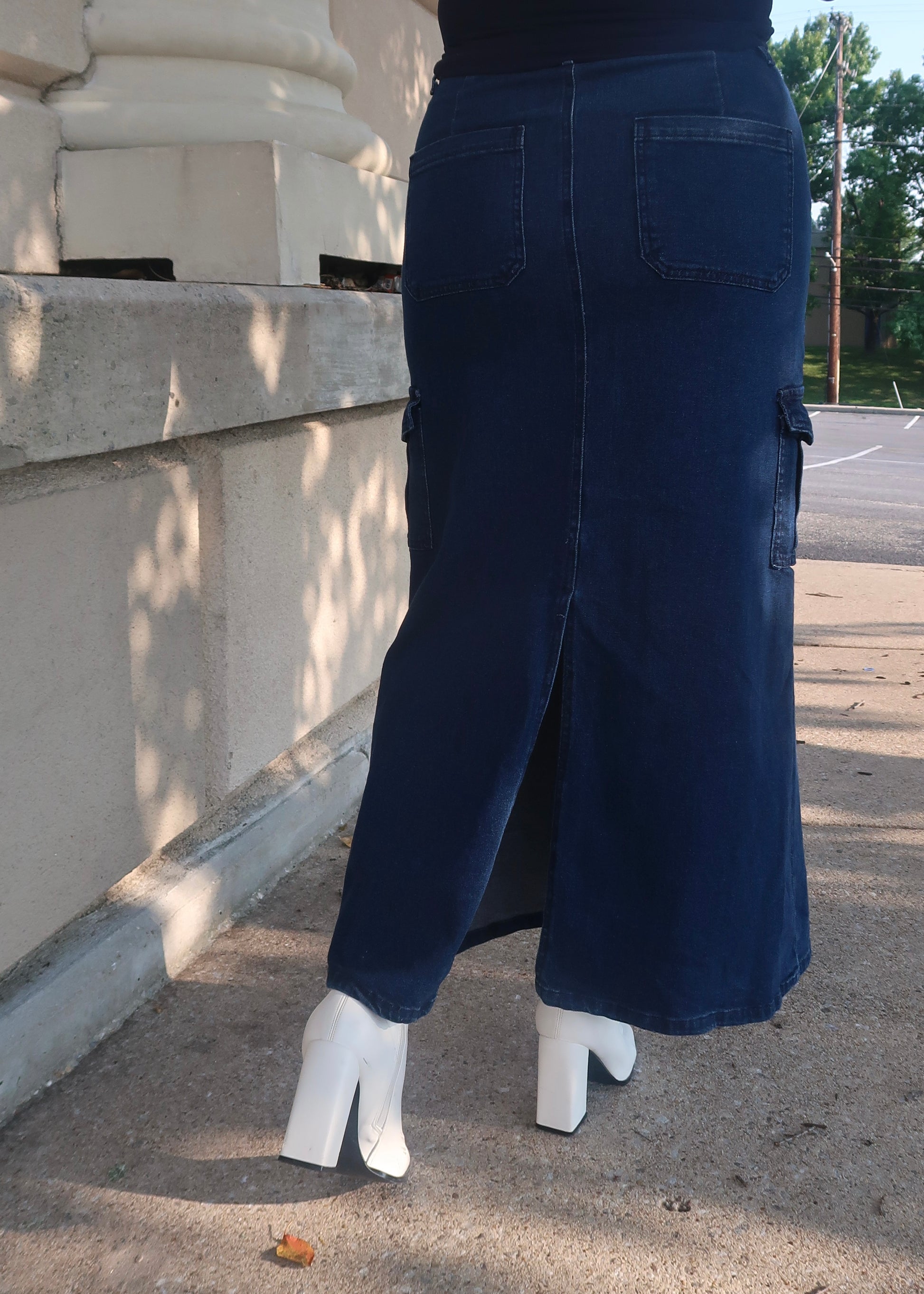 dark blue indigo denim maxi cargo skirt