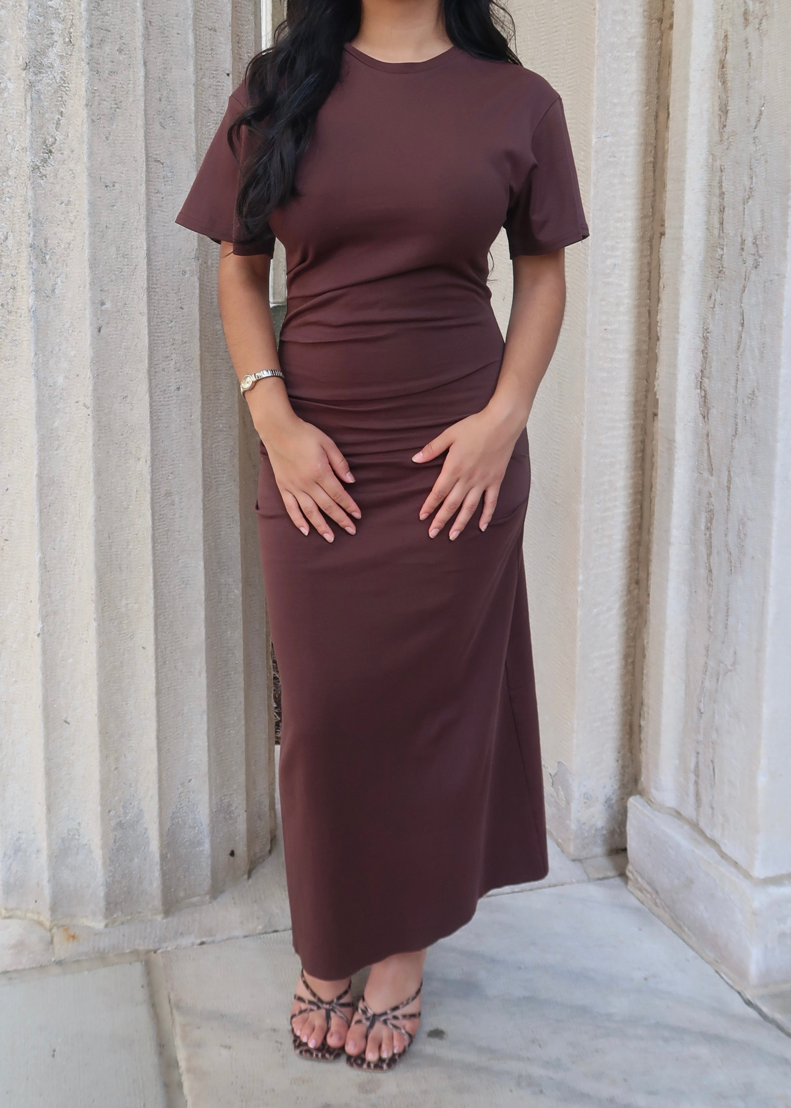 brown maxi dress drop shoulder waist ruching dress
