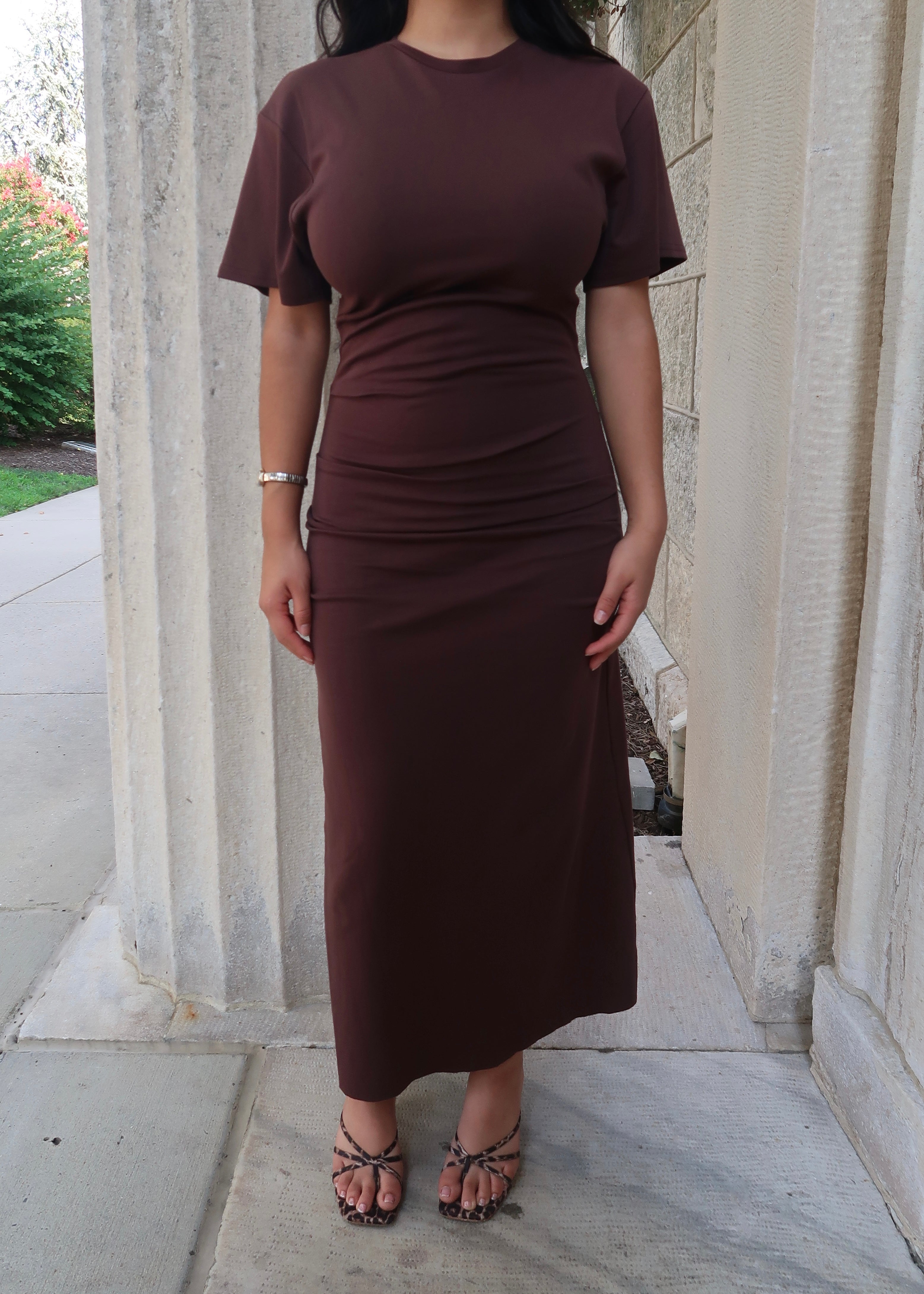 brown maxi dress drop shoulder waist ruching dress