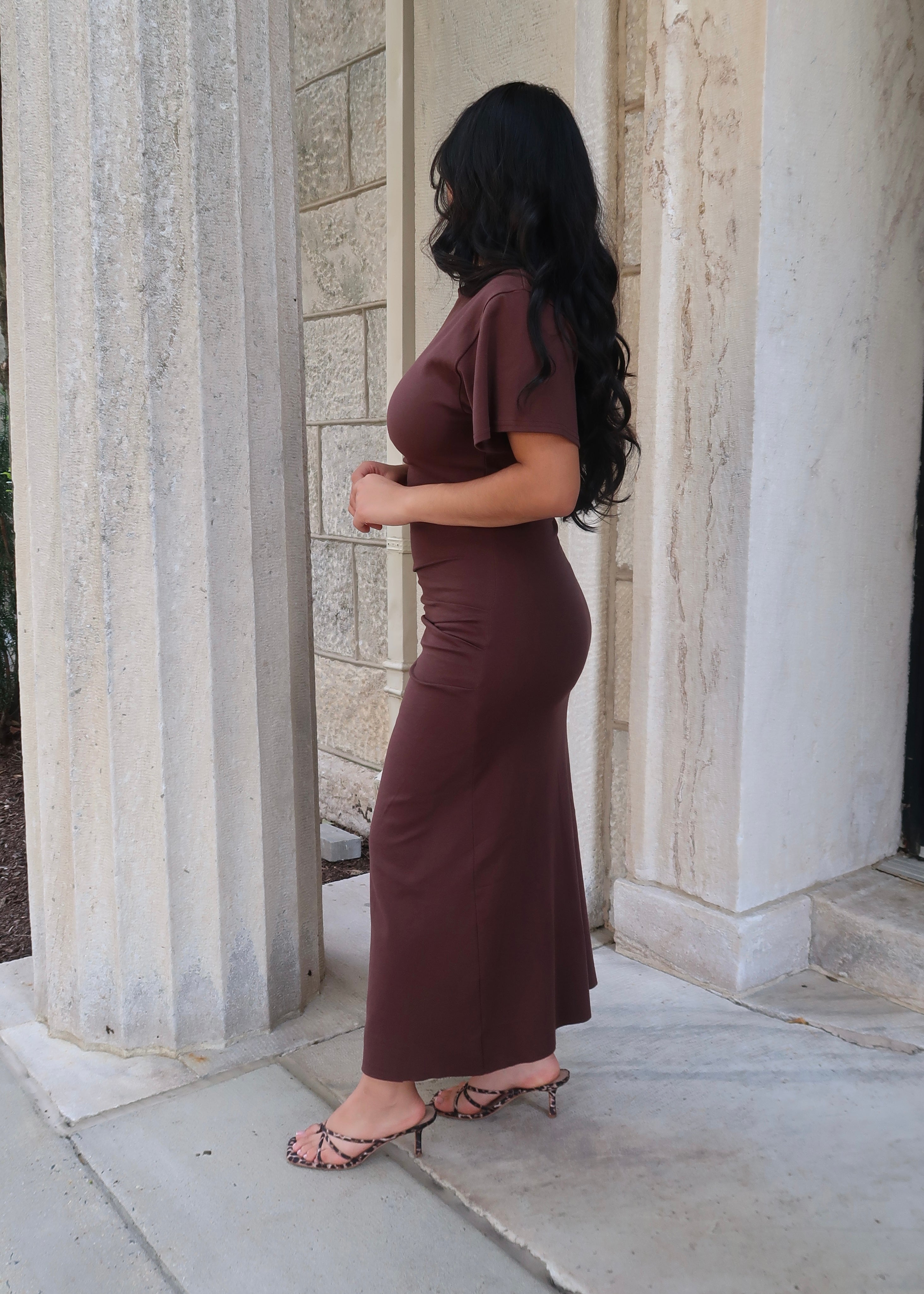 brown maxi dress drop shoulder waist ruching dress
