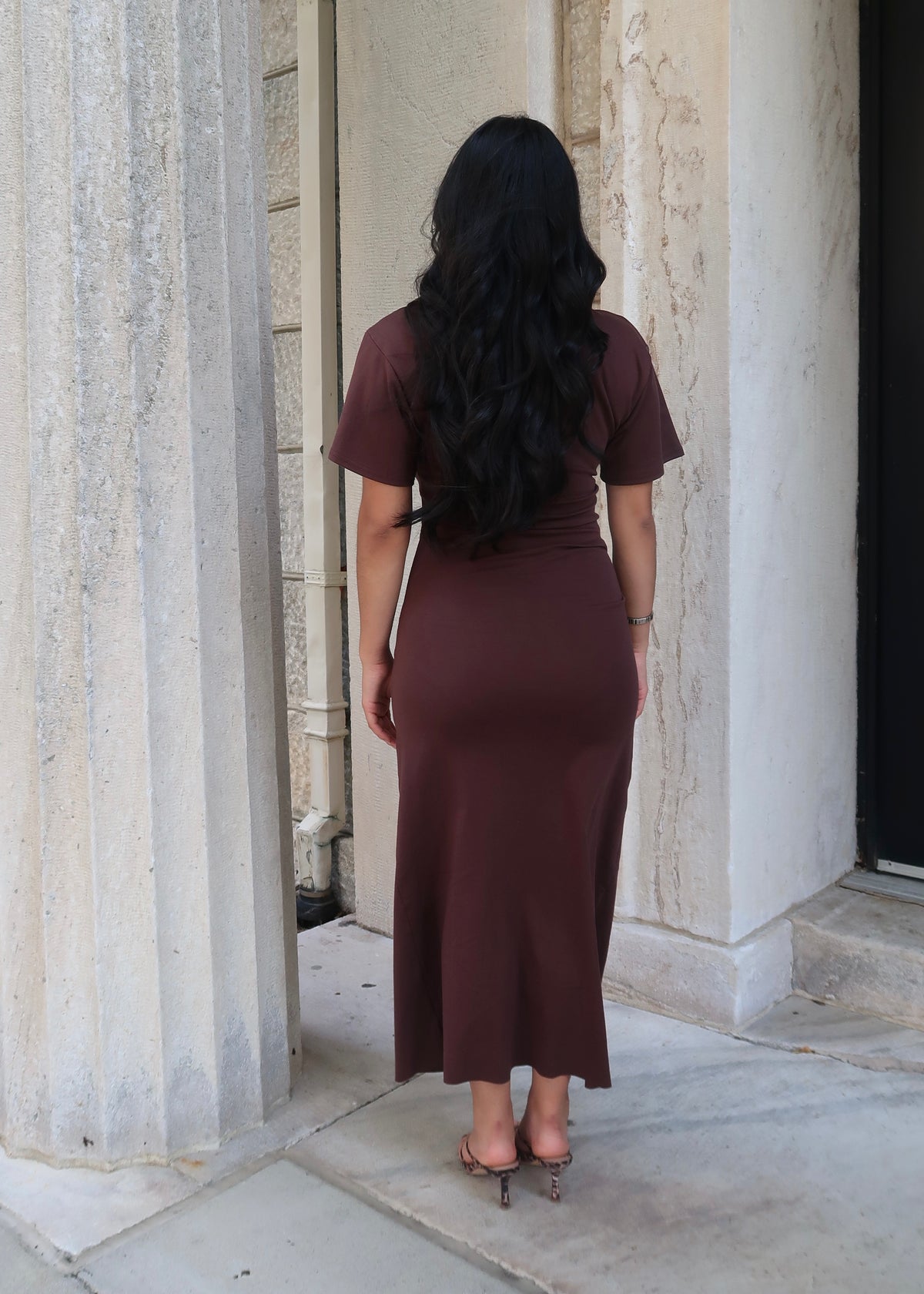 brown maxi dress drop shoulder waist ruching dress