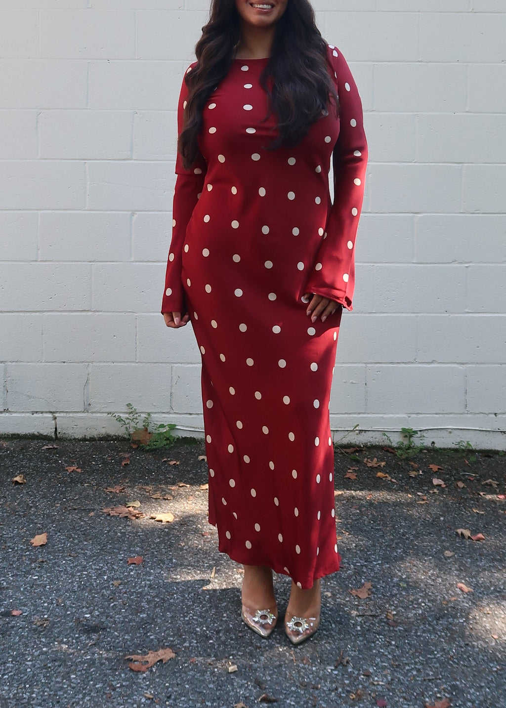 Dark red polka dot maxi dress, satin, long sleeves, crew neckline