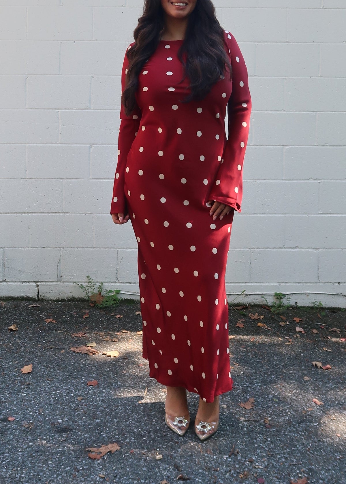 Dark red polka dot maxi dress, satin, long sleeves, crew neckline