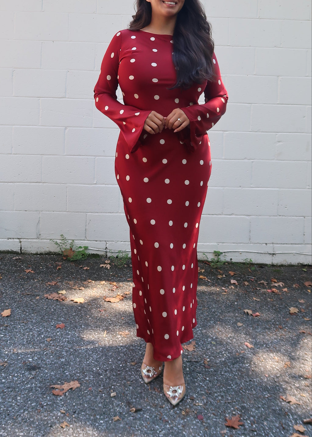 Dark red polka dot maxi dress, satin, long sleeves, crew neckline