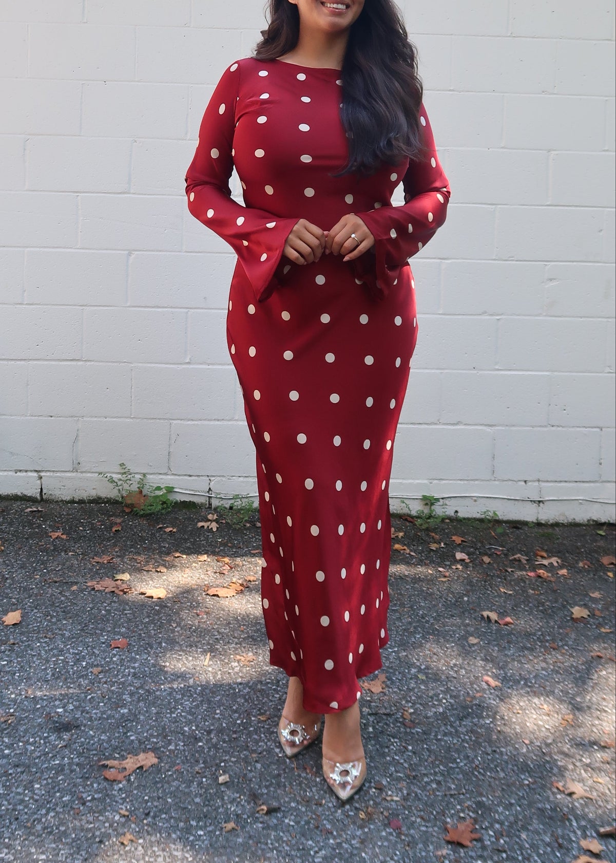 Dark red polka dot maxi dress, satin, long sleeves, crew neckline