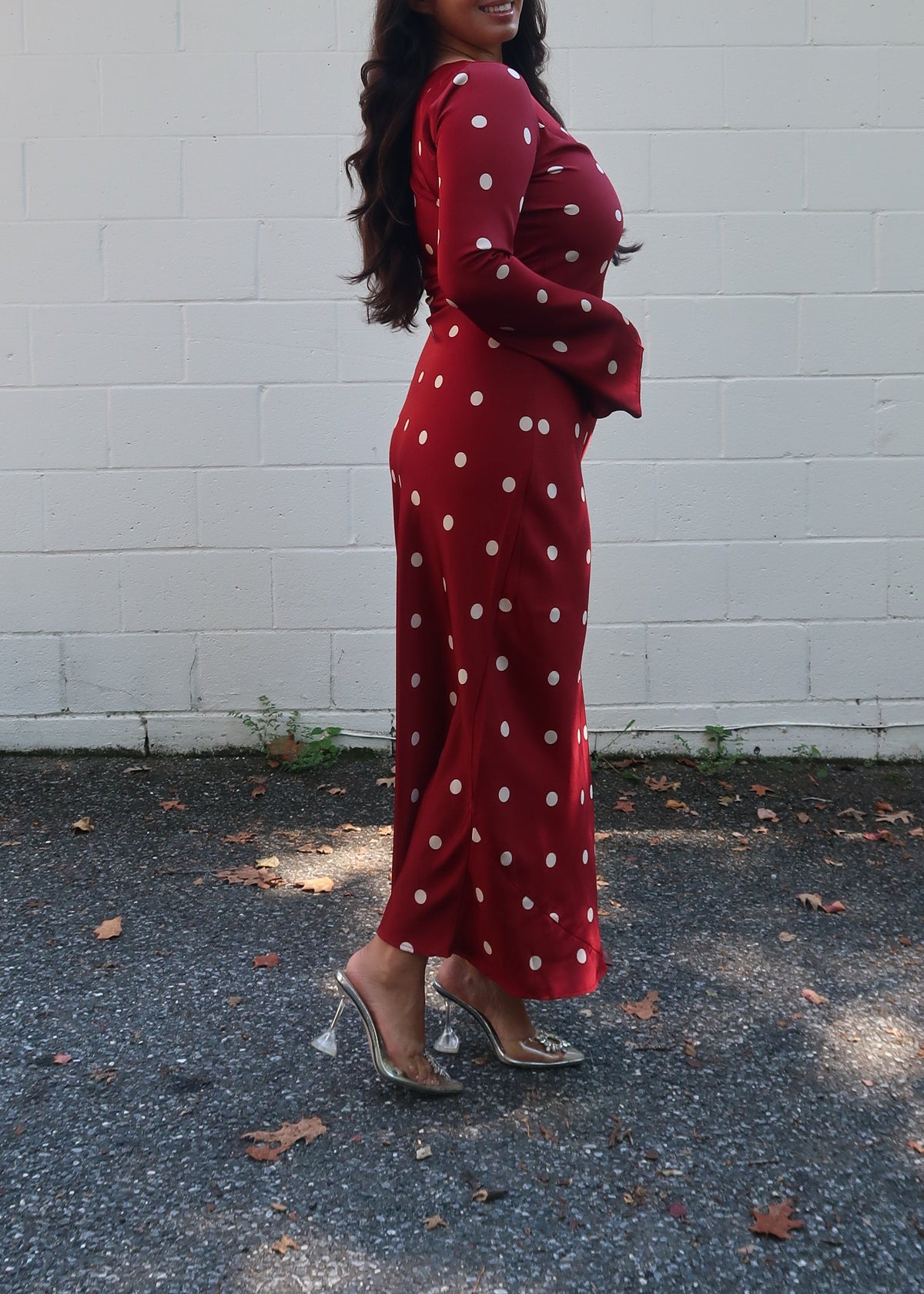 Dark red polka dot maxi dress, satin, long sleeves, crew neckline