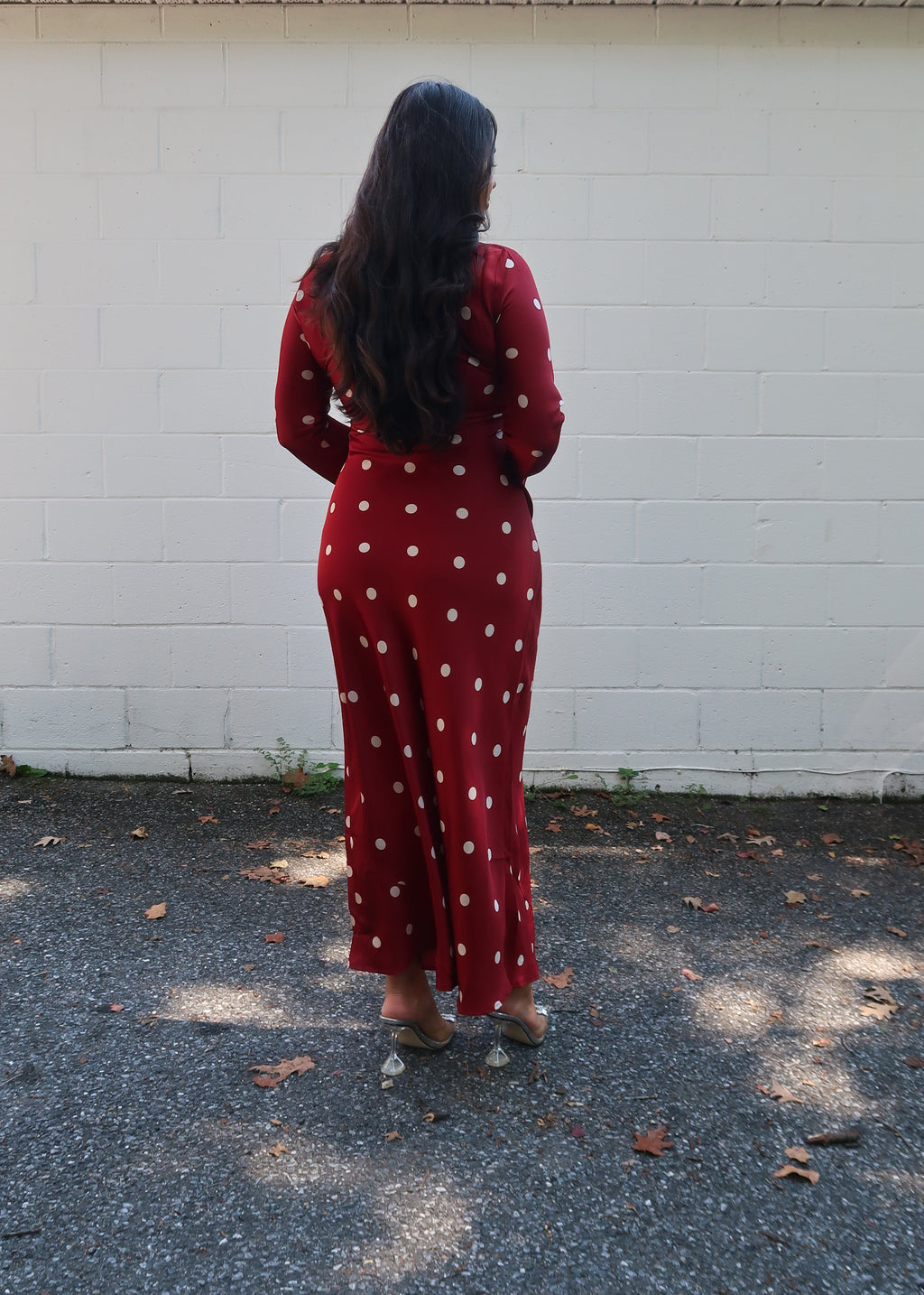 Dark red polka dot maxi dress, satin, long sleeves, crew neckline