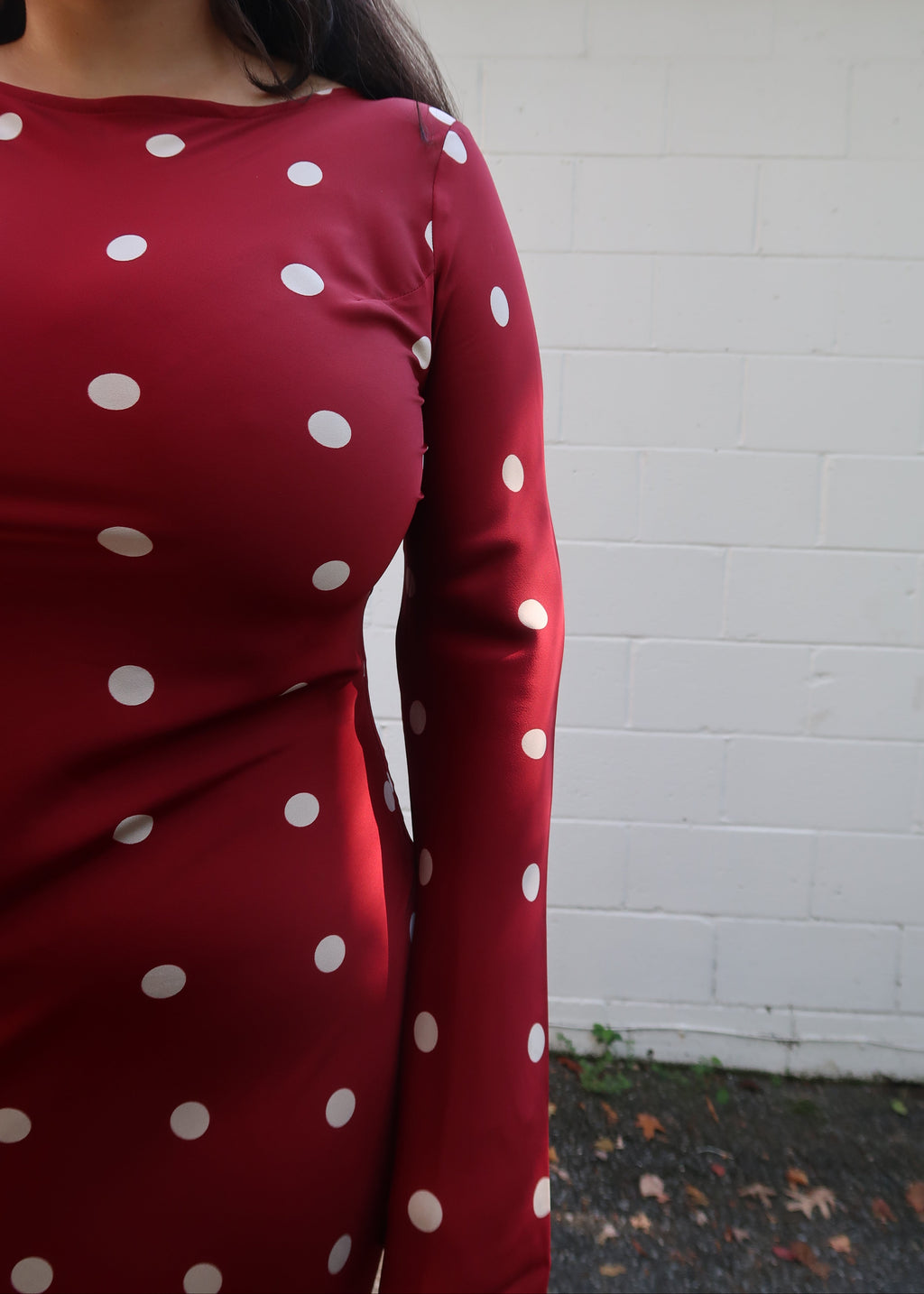 Dark red polka dot maxi dress, satin, long sleeves, crew neckline