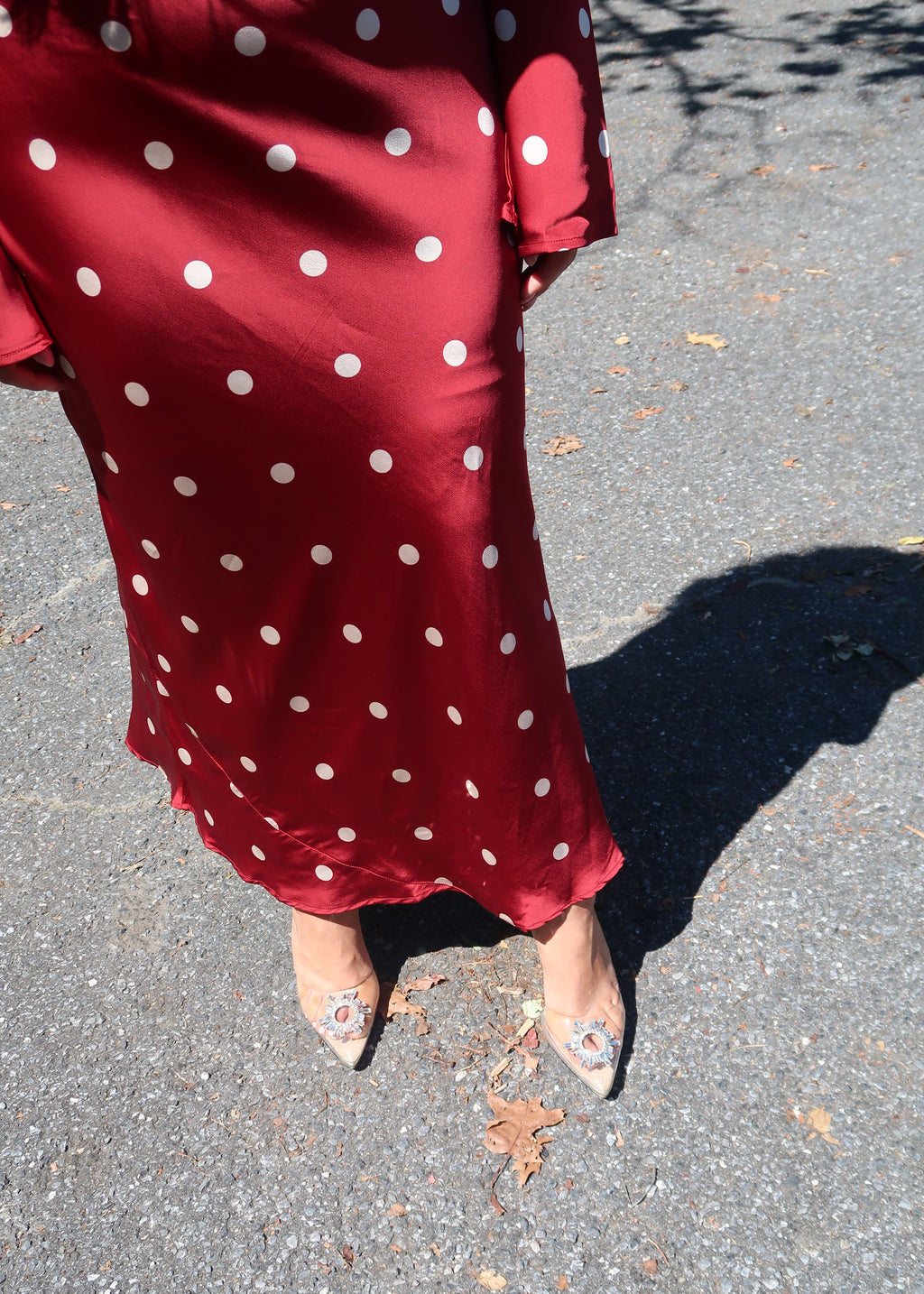 Dark red polka dot maxi dress, satin, long sleeves, crew neckline