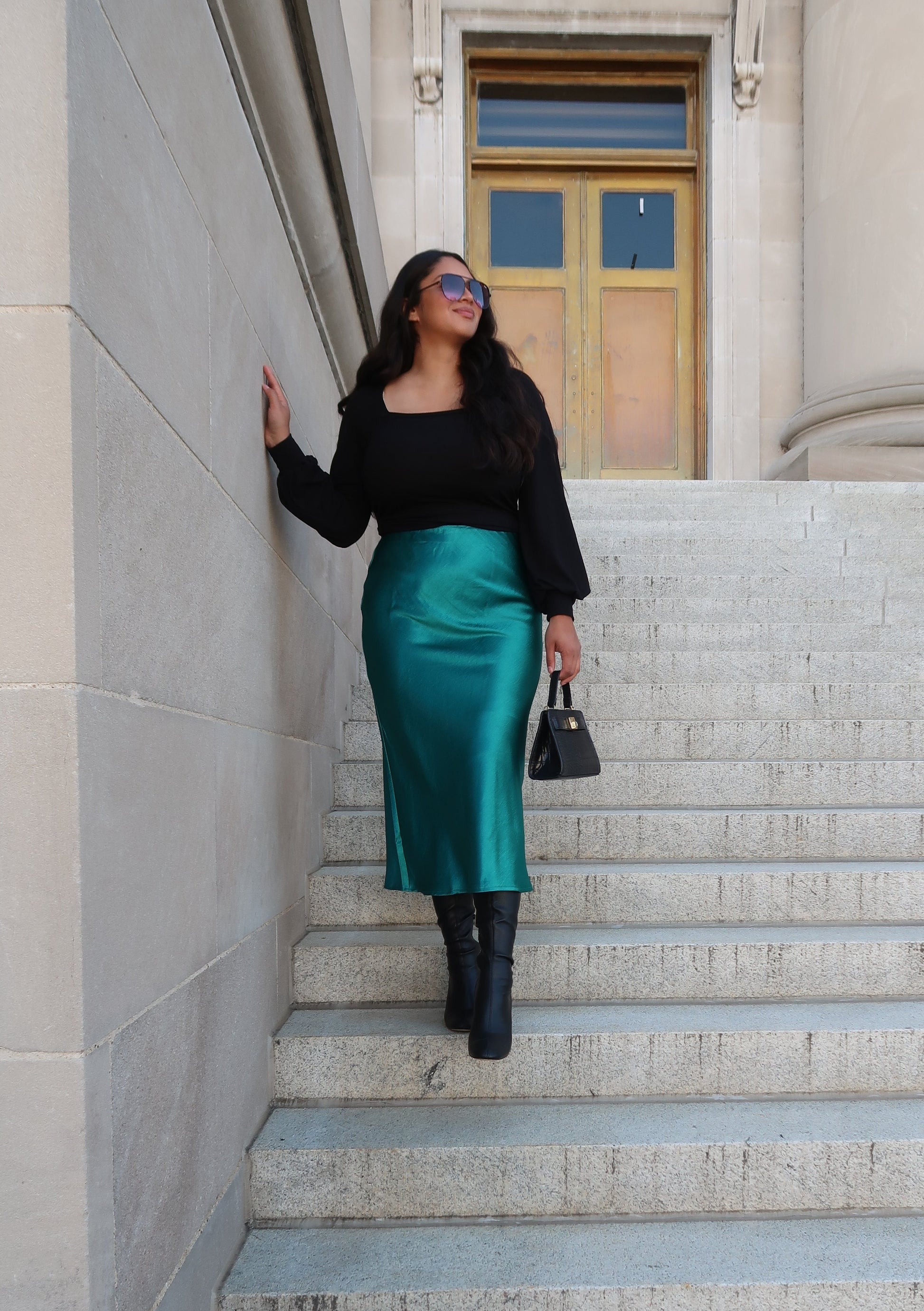 teal midi skirt, satin, blue, green