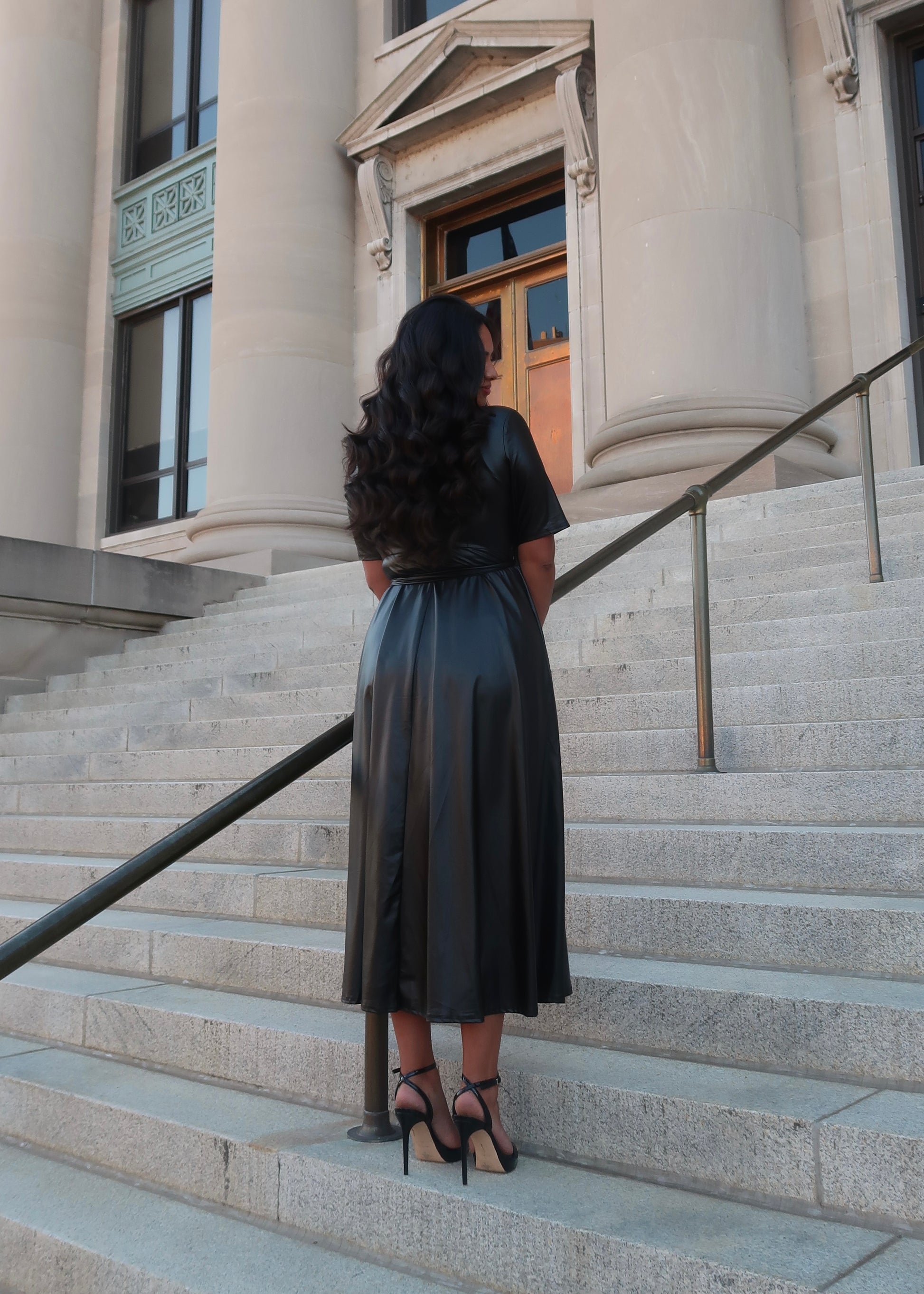 Black faux leather maxi dress, wrap dress, v-neck, short sleeves, collared