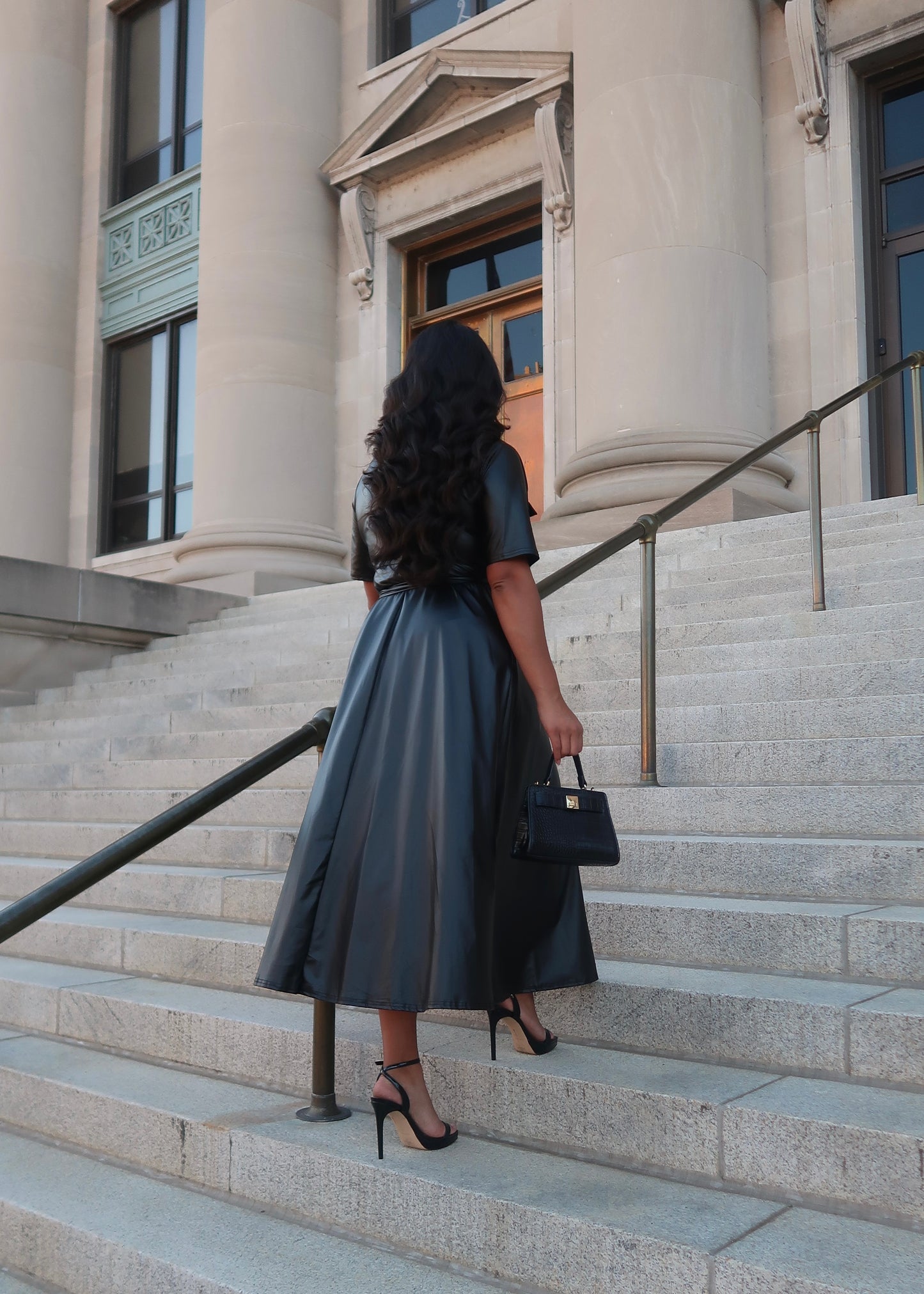 Black faux leather maxi dress, wrap dress, v-neck, short sleeves, collared