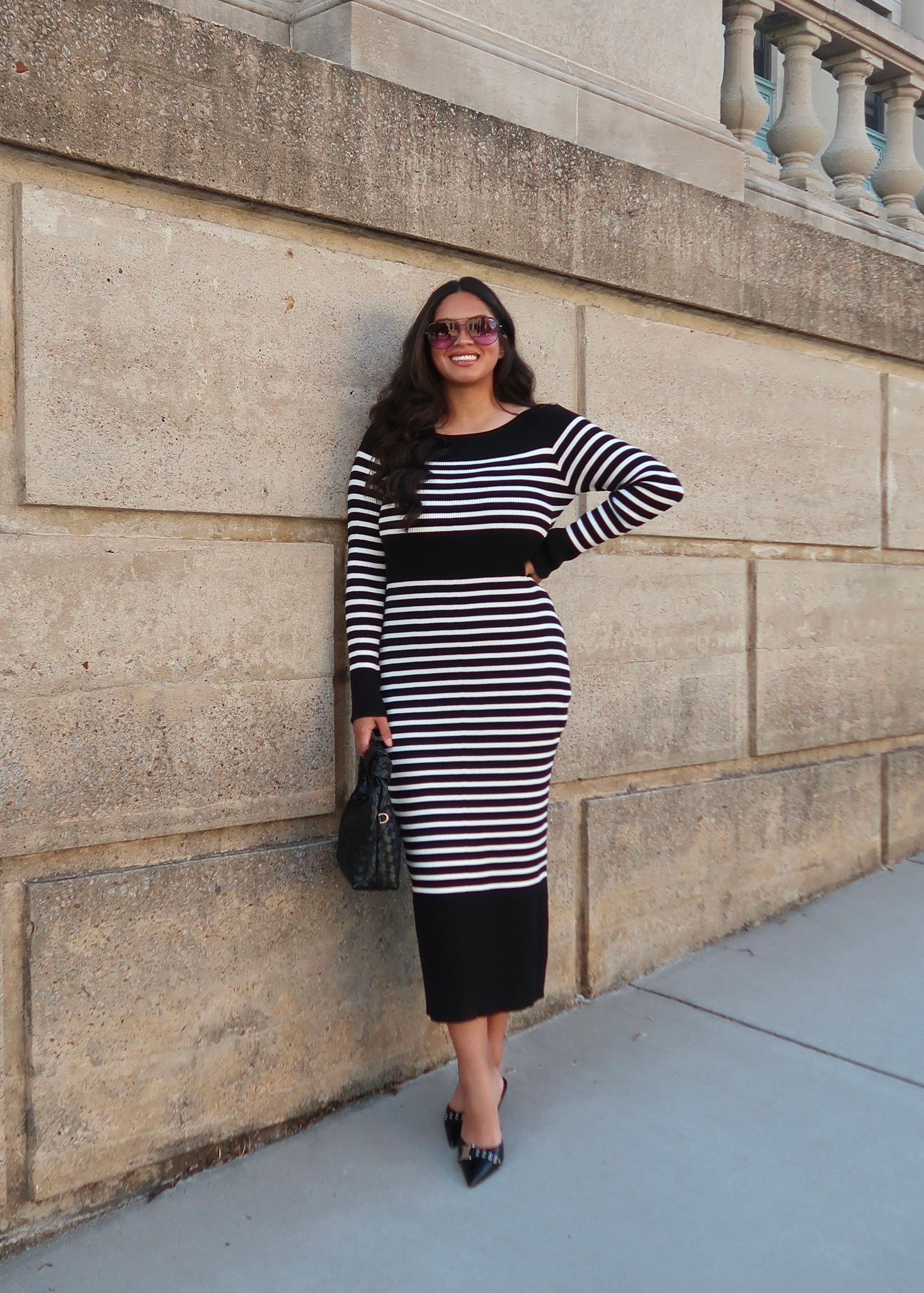 black striped long sleeve sweater dress, maxi length