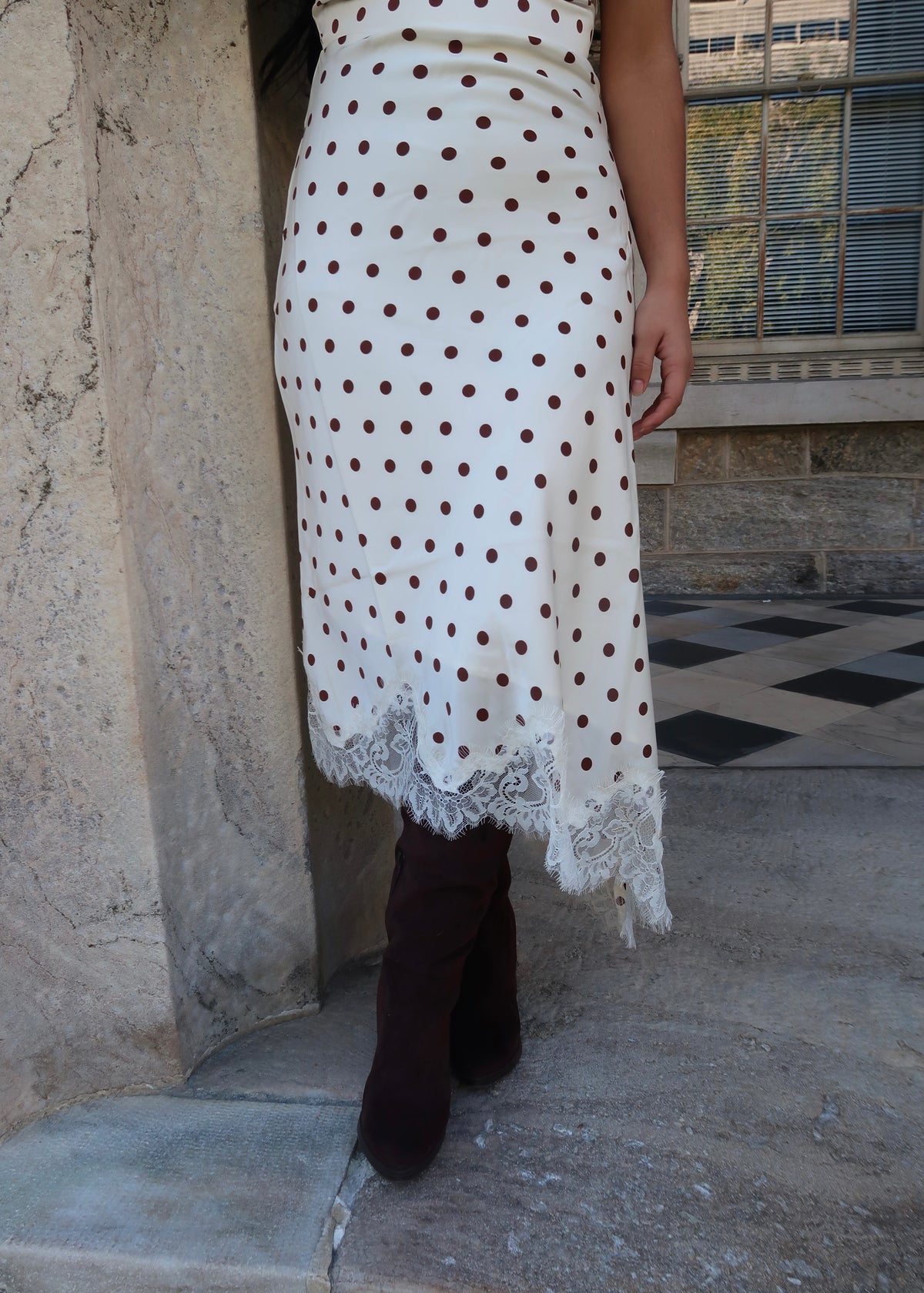 Ivory and brown polka dot lace trim assymetrical short sleeve dress