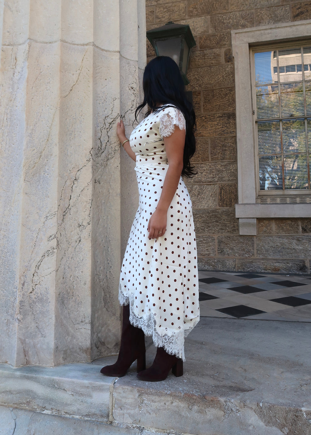 Ivory and brown polka dot lace trim assymetrical short sleeve dress