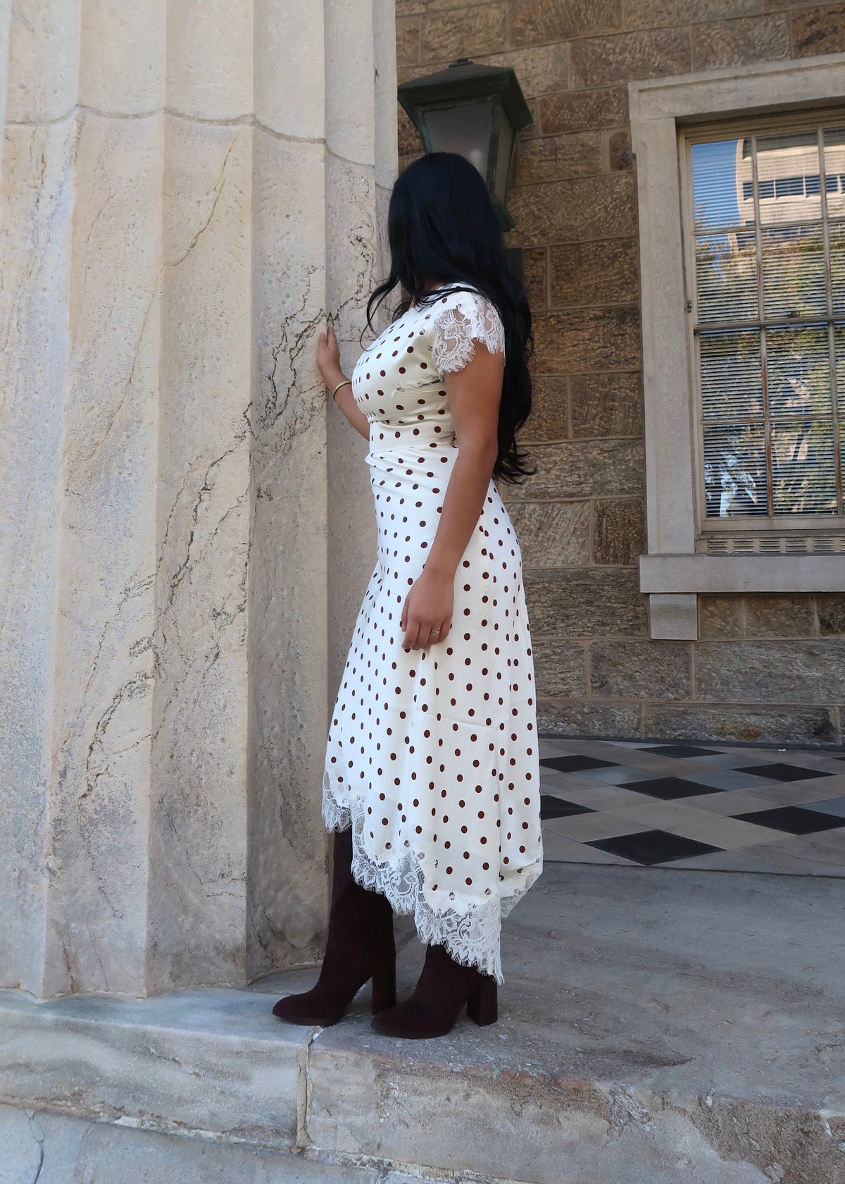 Ivory and brown polka dot lace trim assymetrical short sleeve dress