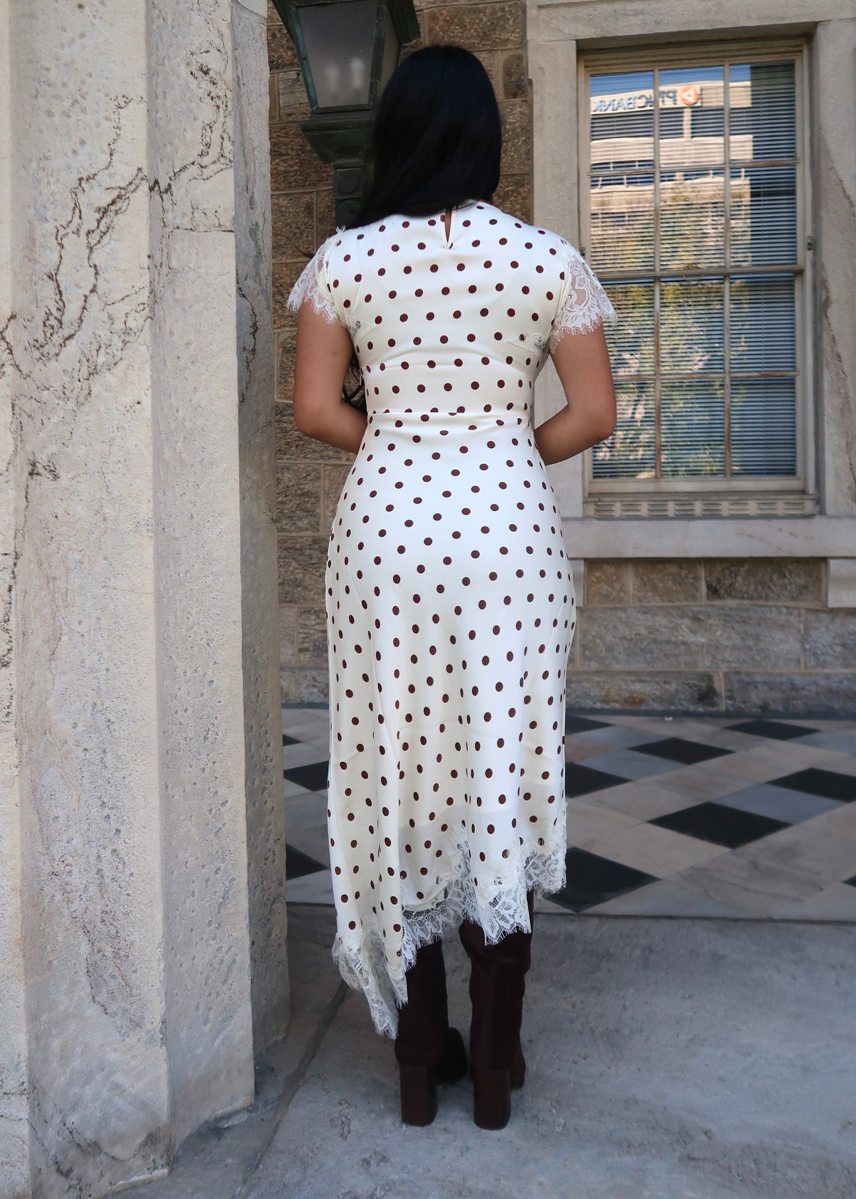 Ivory and brown polka dot lace trim assymetrical short sleeve dress
