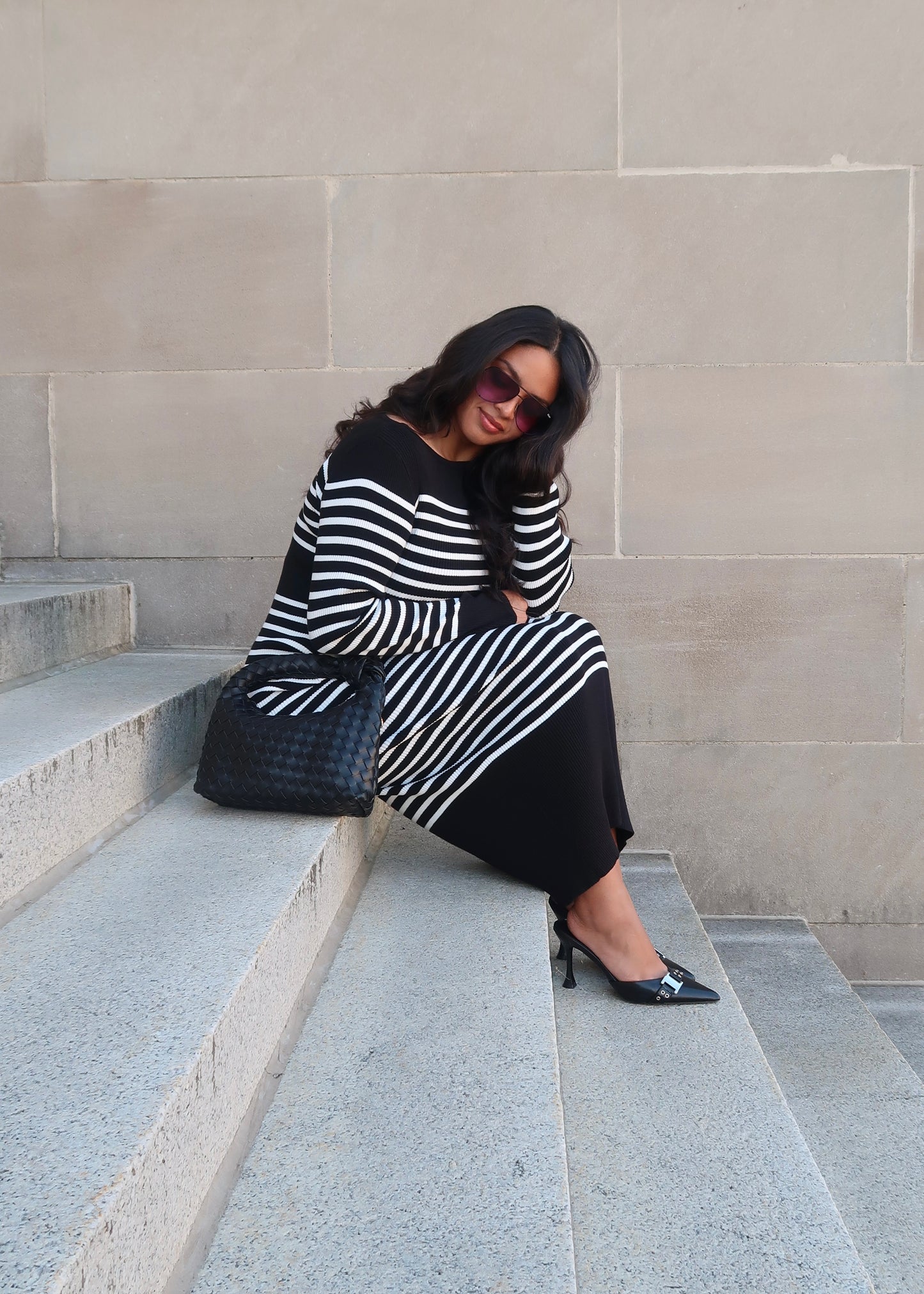 black striped long sleeve sweater dress, maxi length