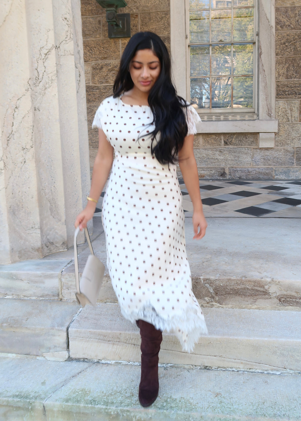 Ivory and brown polka dot lace trim assymetrical short sleeve dress