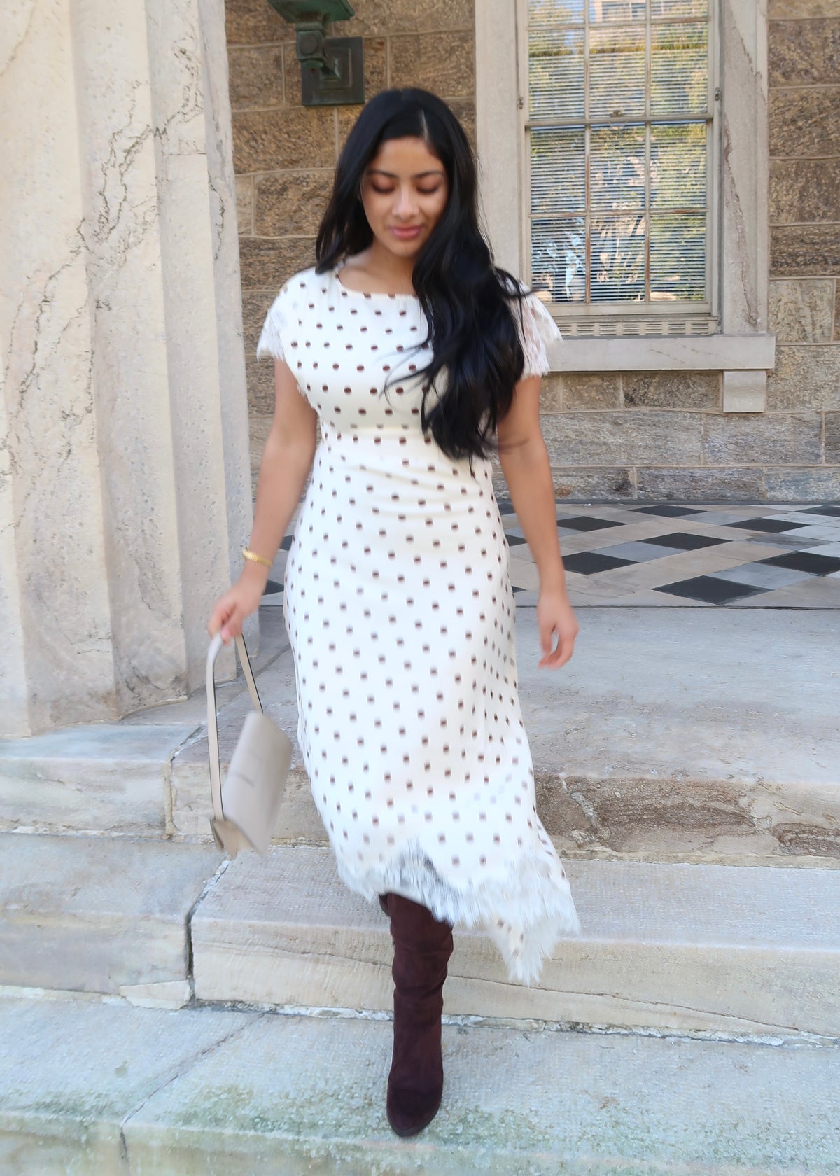 Ivory and brown polka dot lace trim assymetrical short sleeve dress