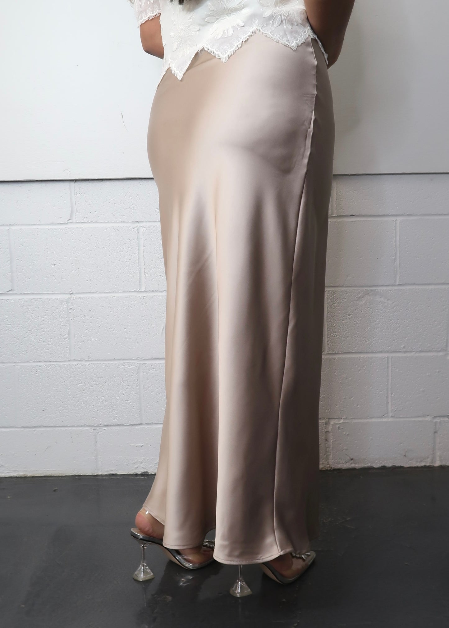 beige maxi satin skirt