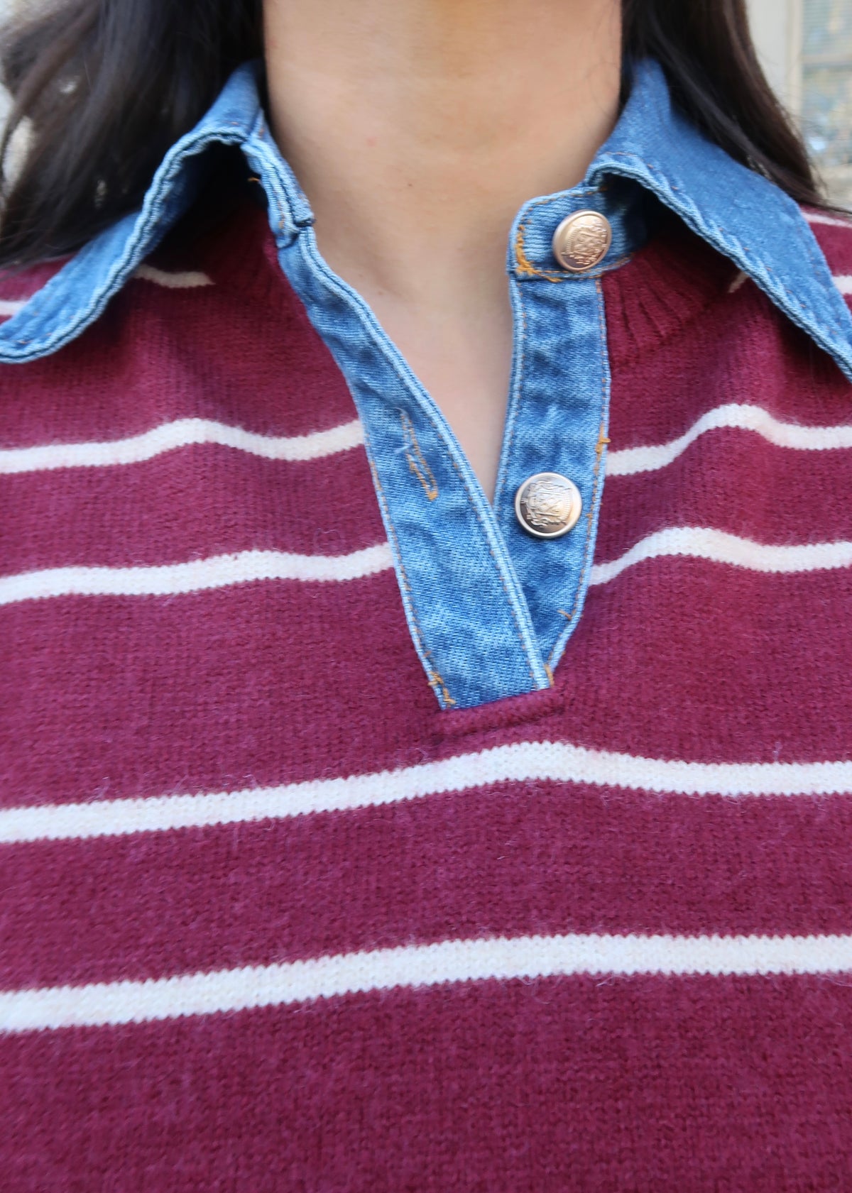 burgundy striped denim sweater, denim cuff sleeves, collar, gold buttons