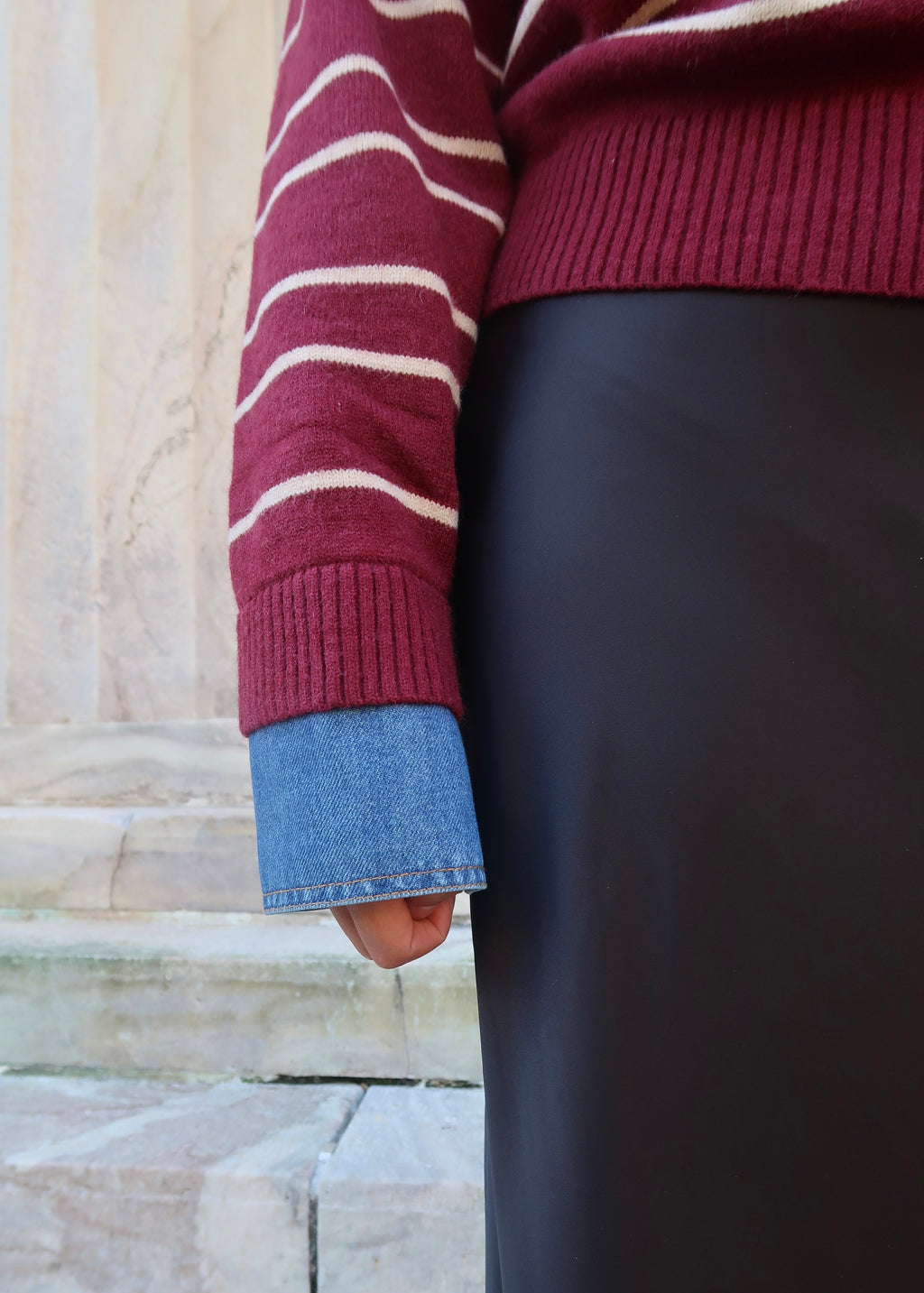 burgundy striped denim sweater, denim cuff sleeves, collar, gold buttons