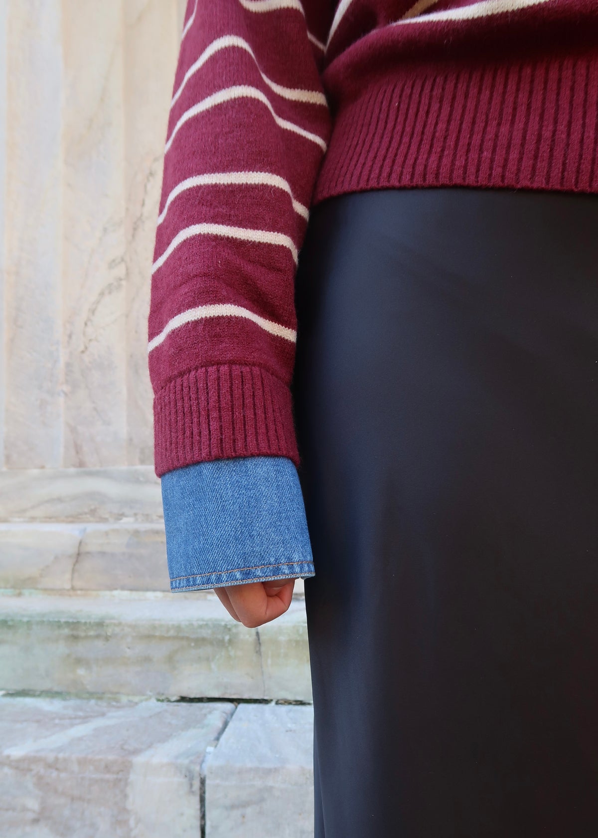 burgundy striped denim sweater, denim cuff sleeves, collar, gold buttons