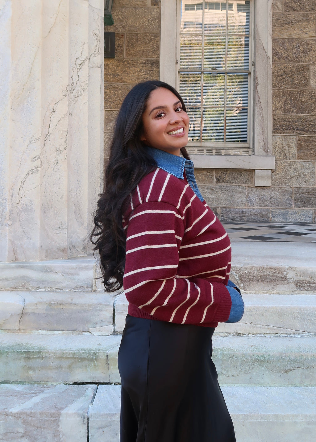 burgundy striped denim sweater, denim cuff sleeves, collar, gold buttons
