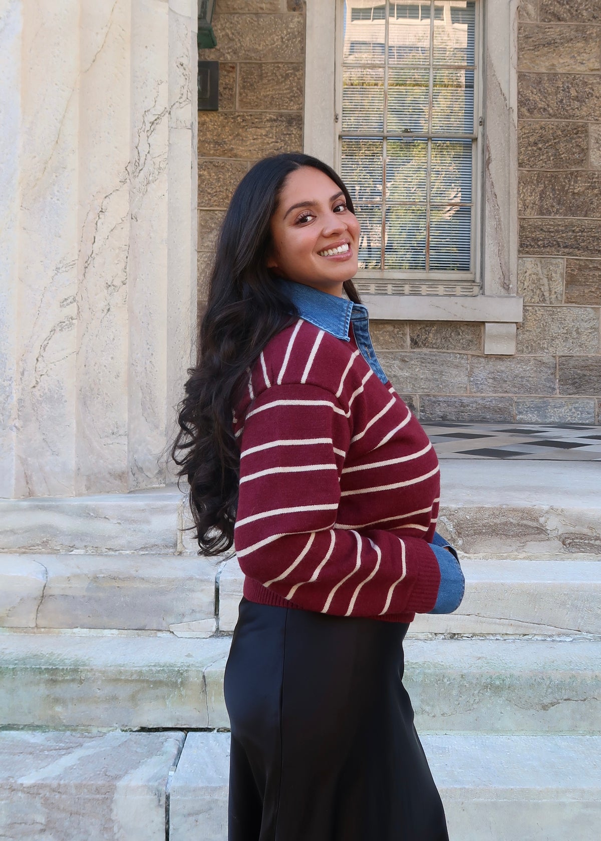 burgundy striped denim sweater, denim cuff sleeves, collar, gold buttons